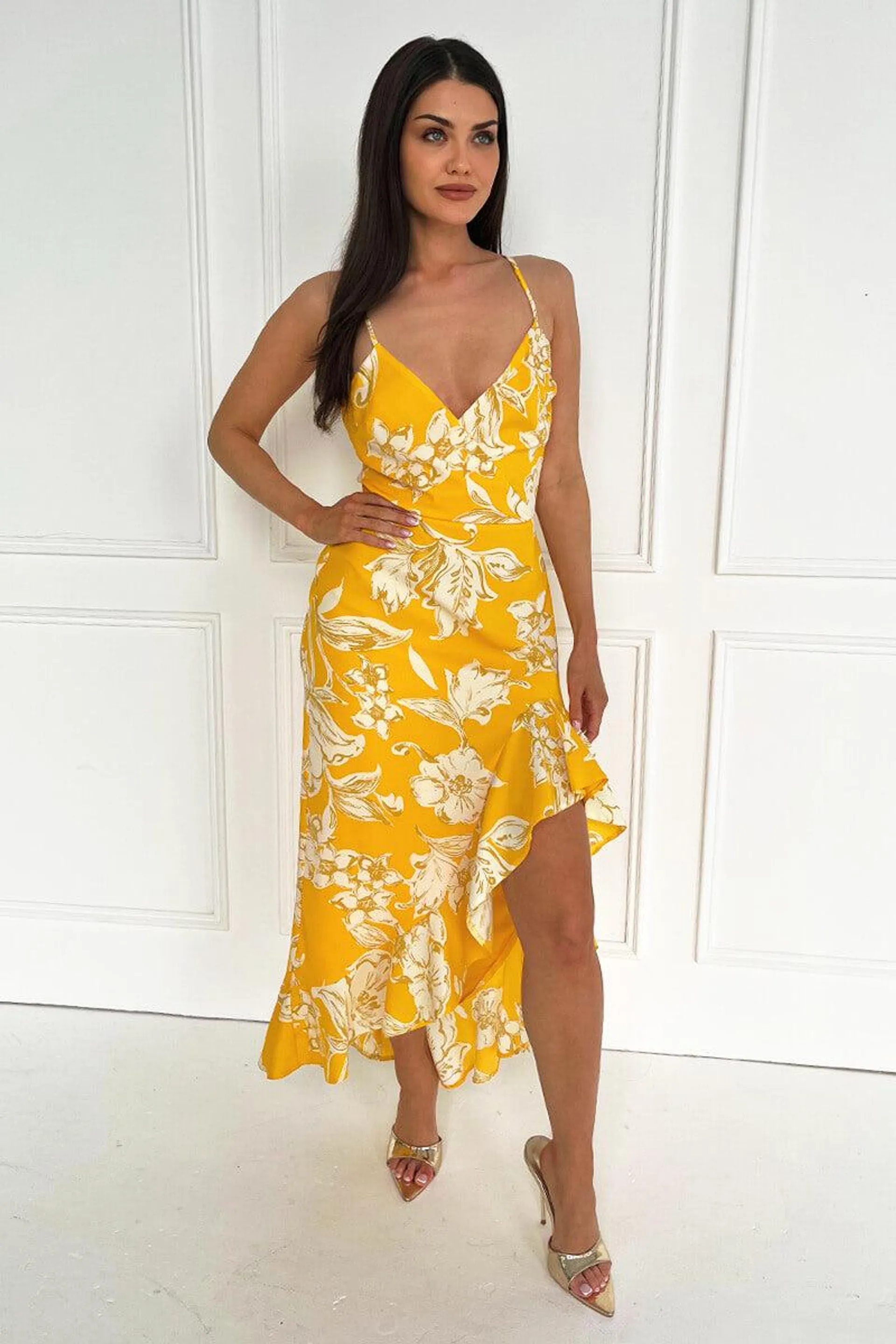 Yellow Floral Printed Strappy High Low Frill Hem Midi Dress