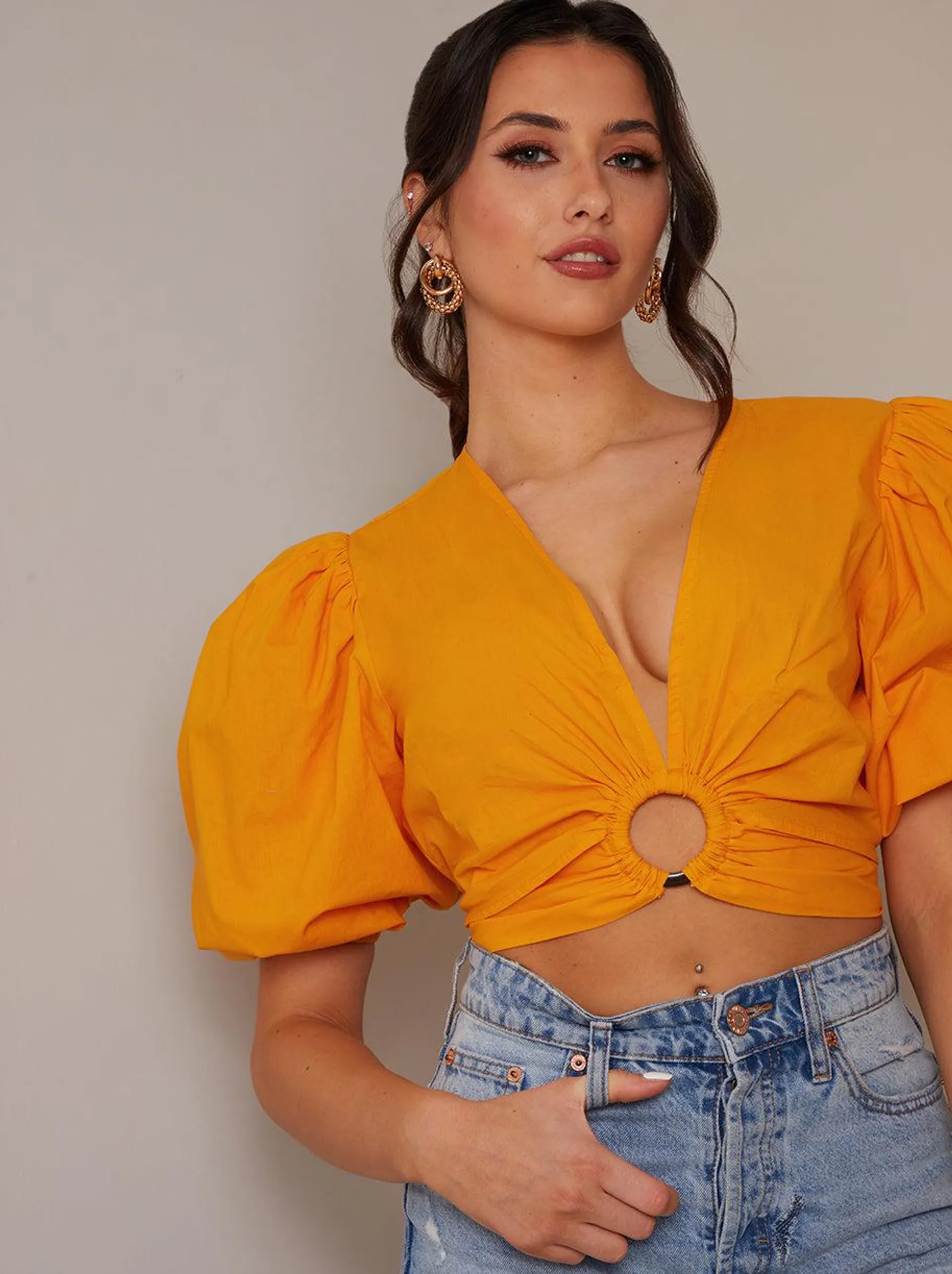 Ring Front Puff Sleeve Top in Orange