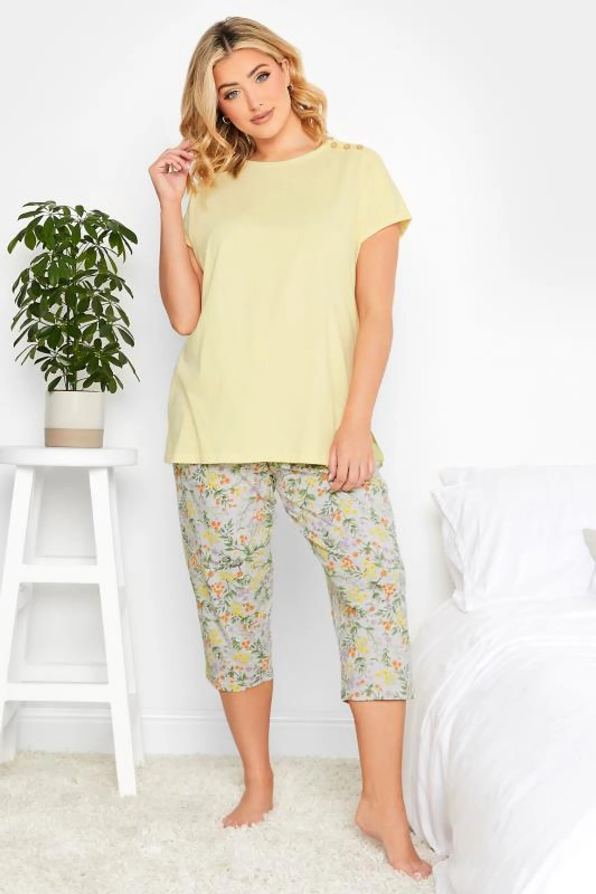 YOURS Curve Yellow Floral Print Cropped Pyjama Set