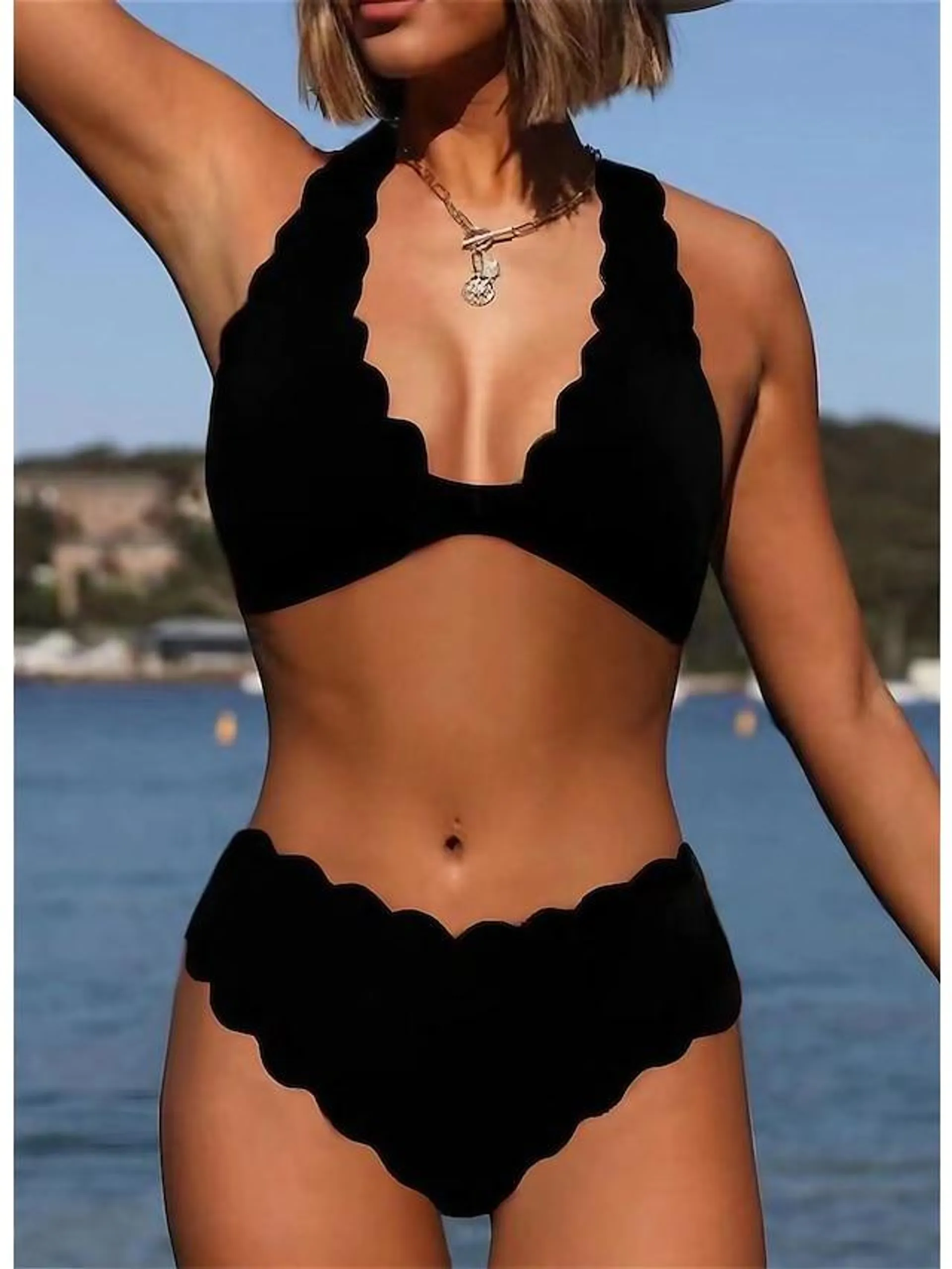 Women's Plus Size Swimwear Bikini 2 Piece Swimsuit Backless Halter Pure Color V Wire Vacation Sexy Bathing Suits