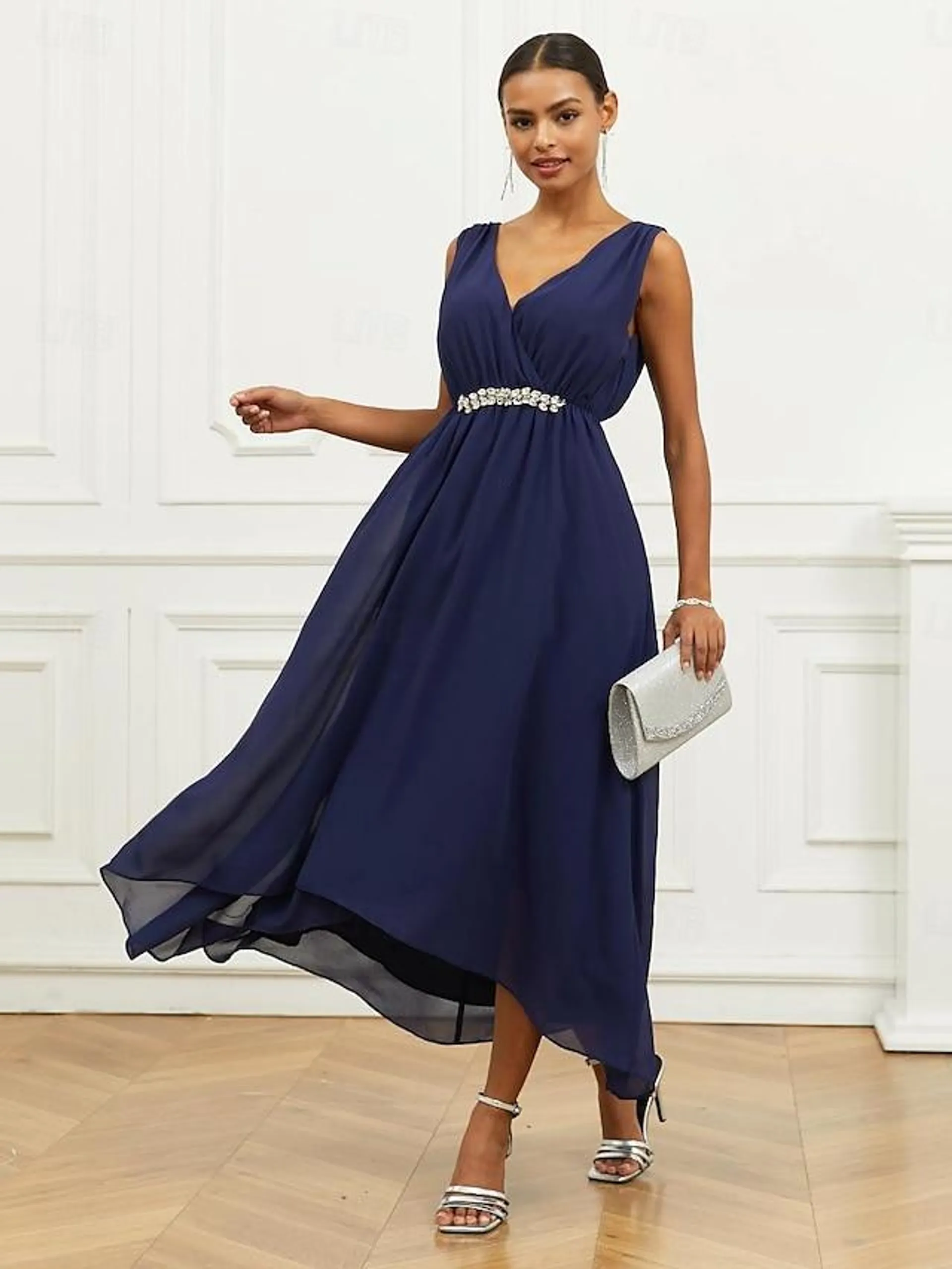 Dames A lijn jurk Maxi-jurk Chiffon Met ruches Gelaagd Bruiloft gast Cocktailparty Elegant V-hals Mouwloos Marineblauw Kleur