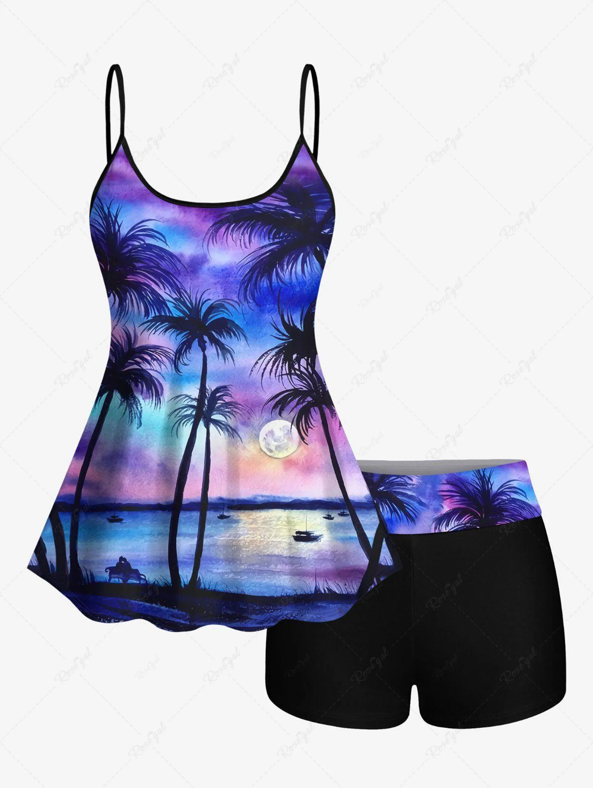 Coconut Tree Sun Ombre Sky Tie Dye Print Hawaii Boyleg Tankini Swimsuit - 4x