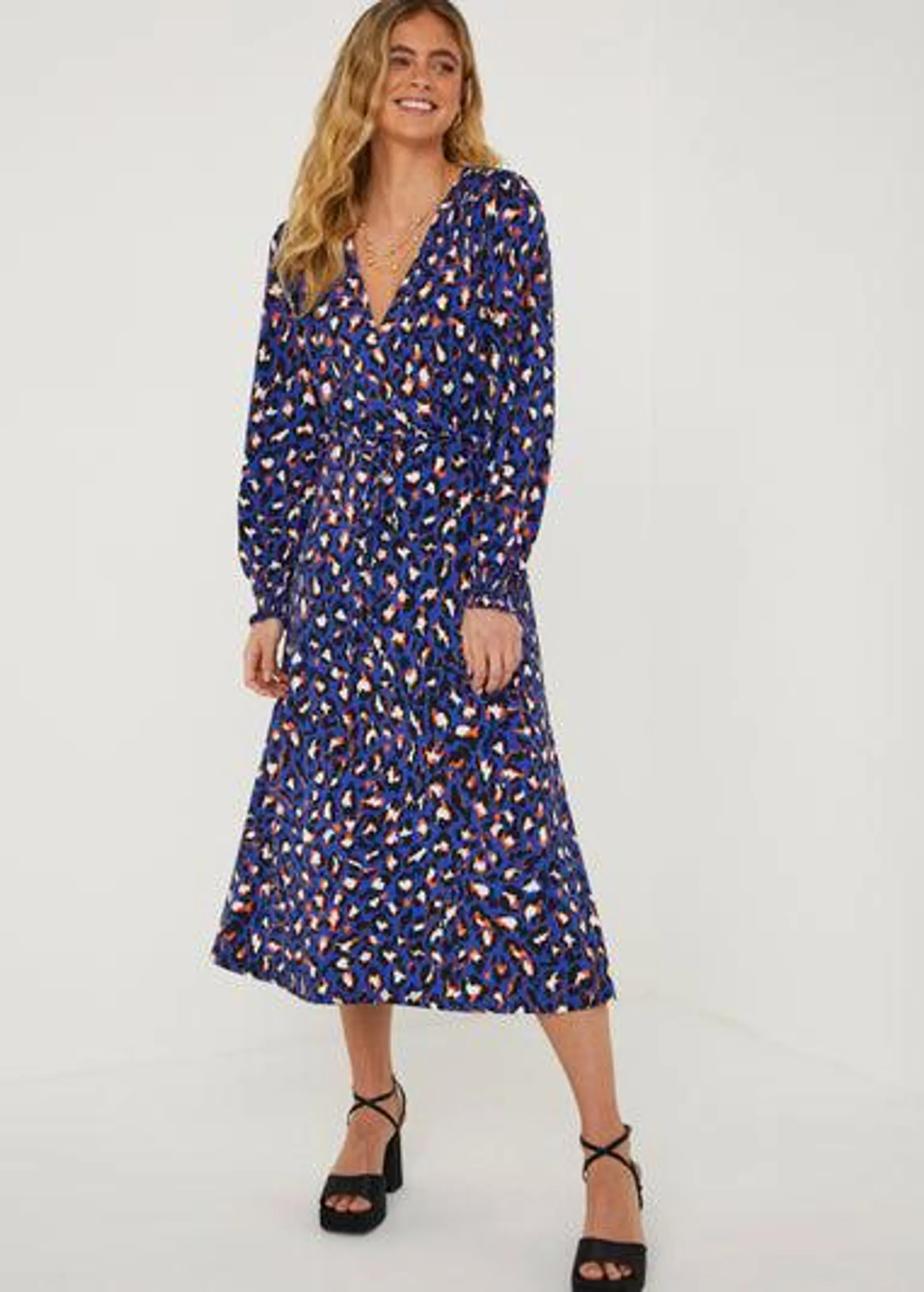 Be Beau Blue Animal Print Midi Wrap Dress - Size 8
