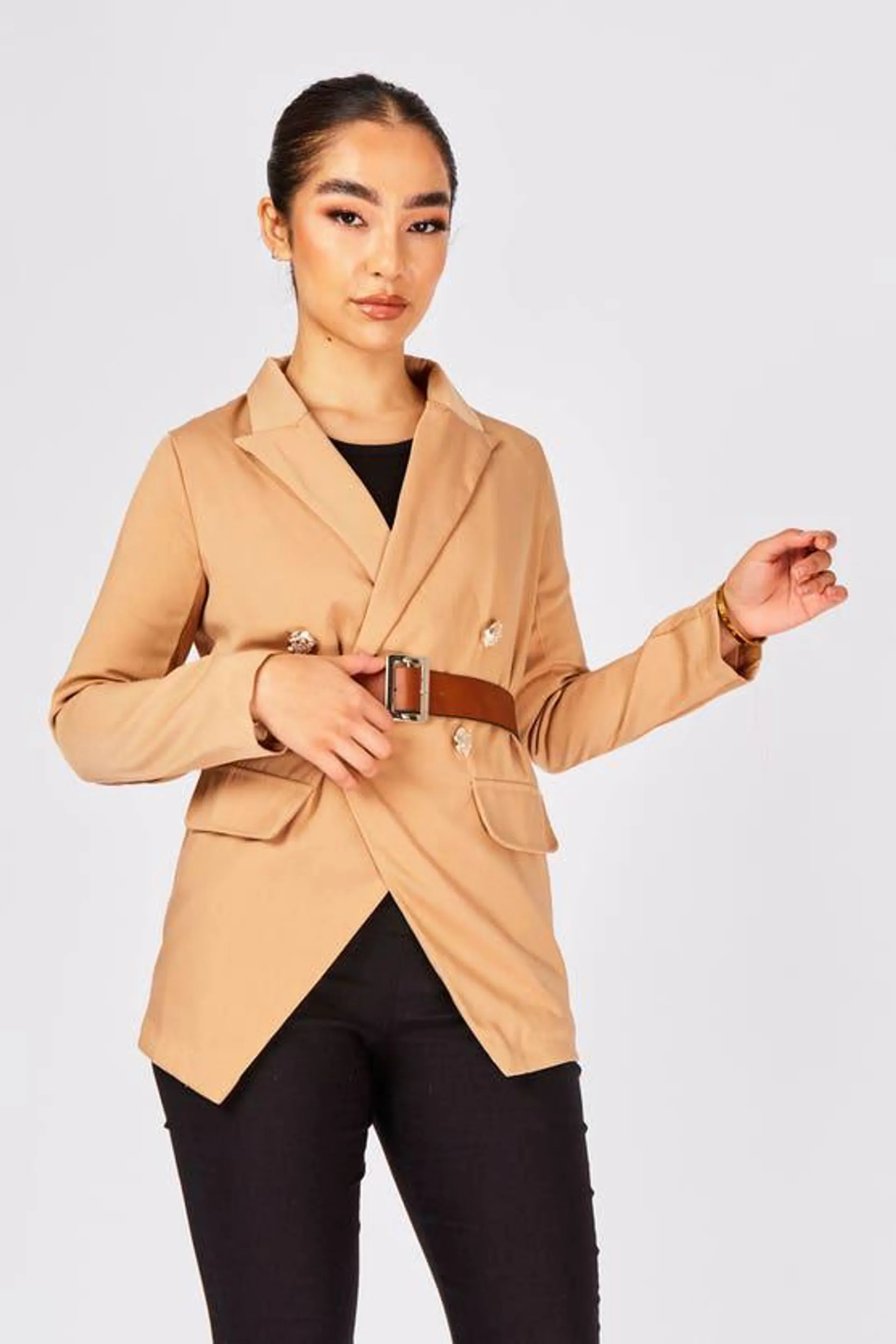 Tan Belted Double Breasted Blazer