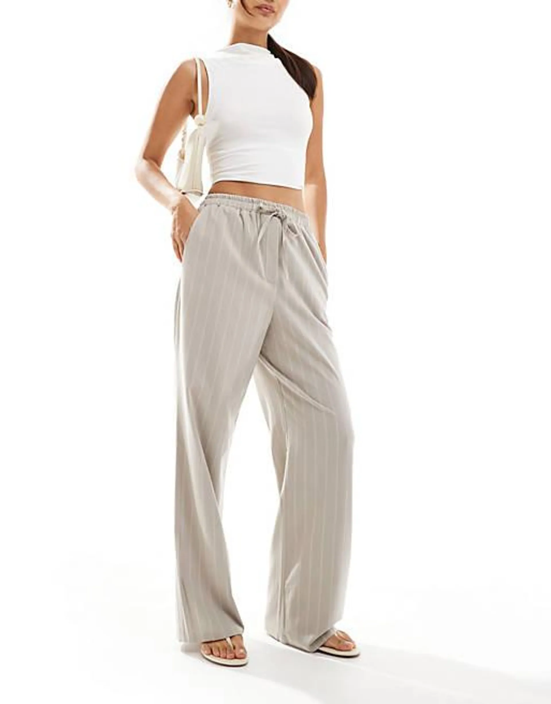 ASOS DESIGN tailored pull on trousers taupe stripe