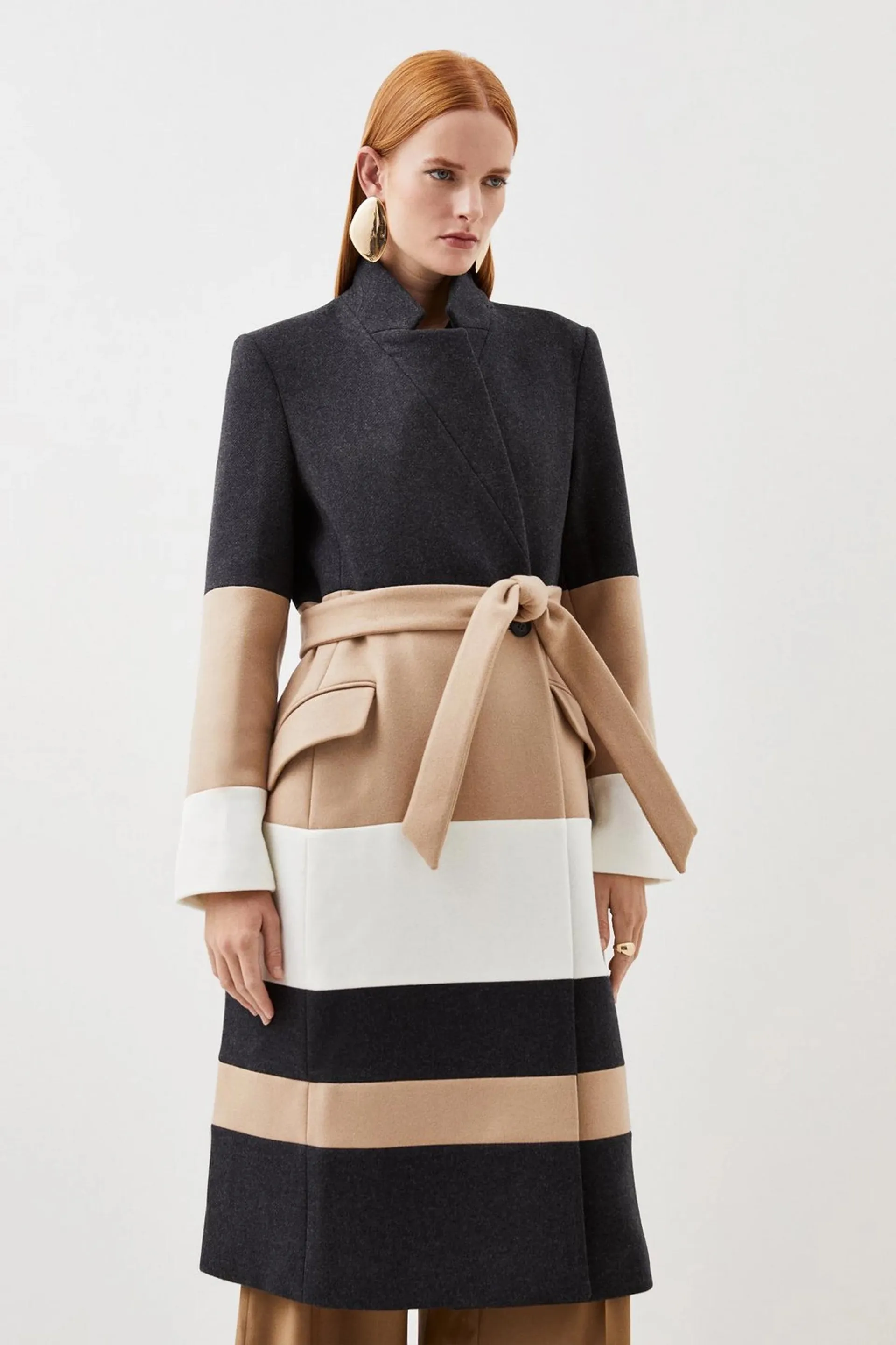 Italian Manteco Wool Blend Contrast Midi Coat