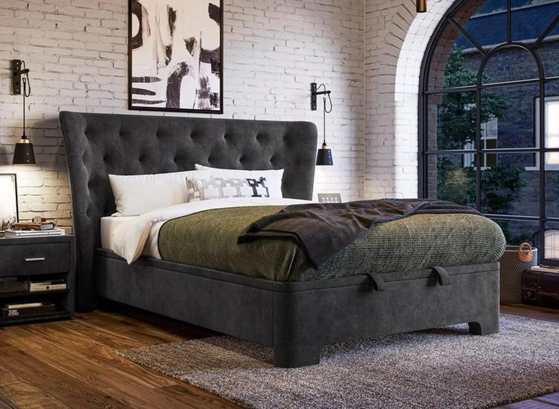 Wells Velvet-Finish Ottoman Bed Frame