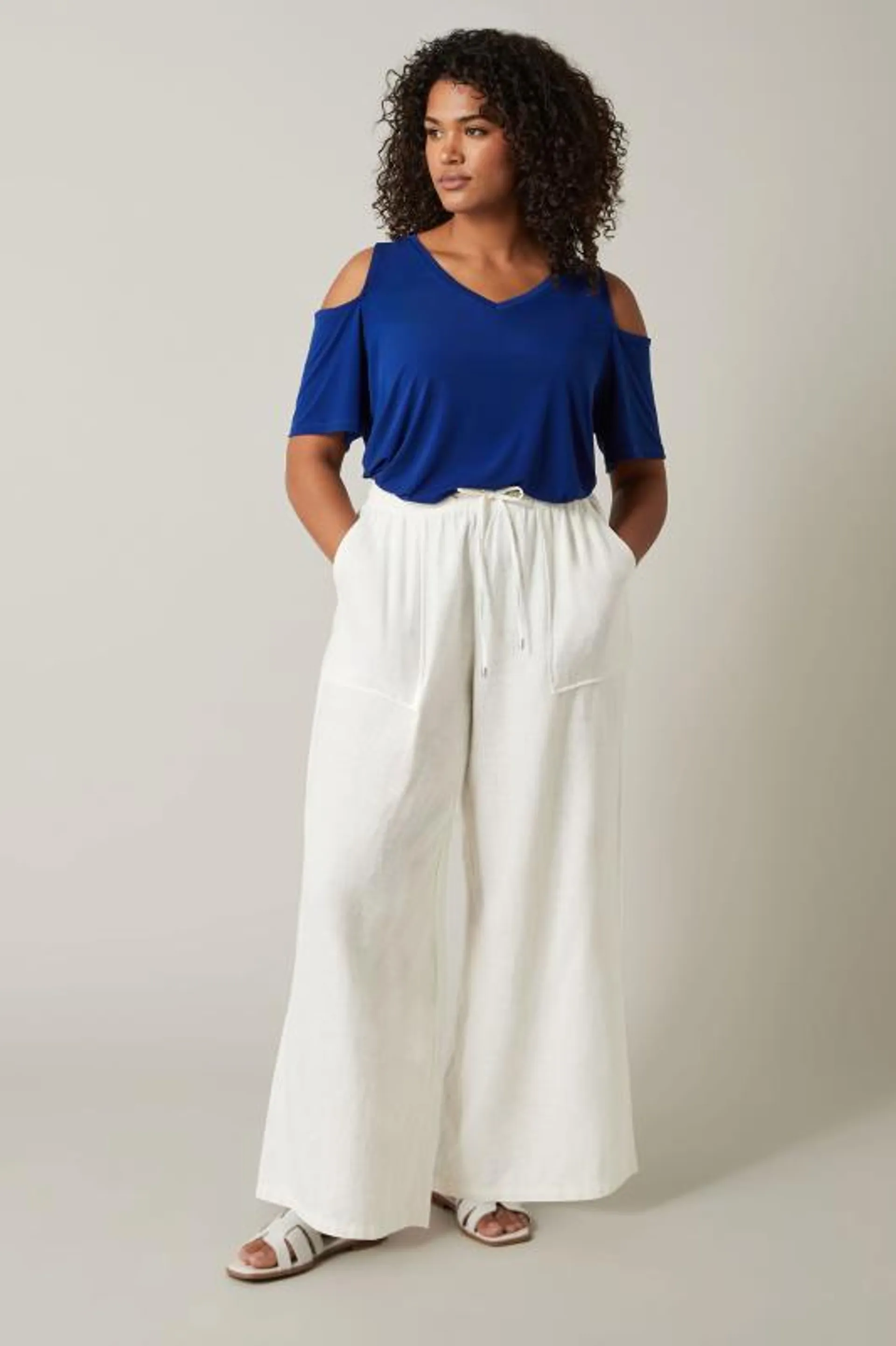 EVANS Curve White Linen Wide Leg Trousers