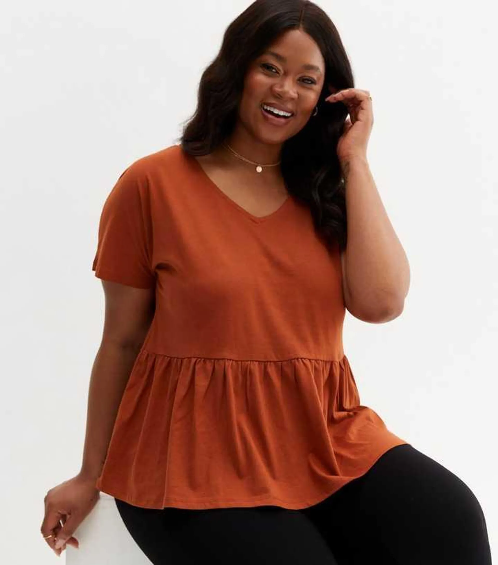 Curves Orange V Neck Peplum T-Shirt