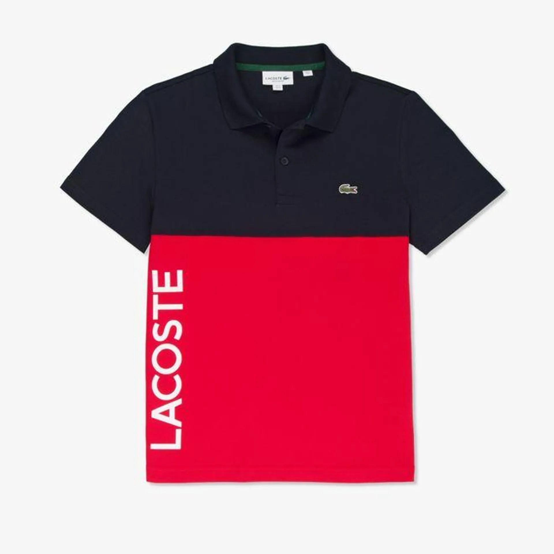 Lacoste Regular Fit Stretch Cotton Colourblock Polo Shirt in Black Red