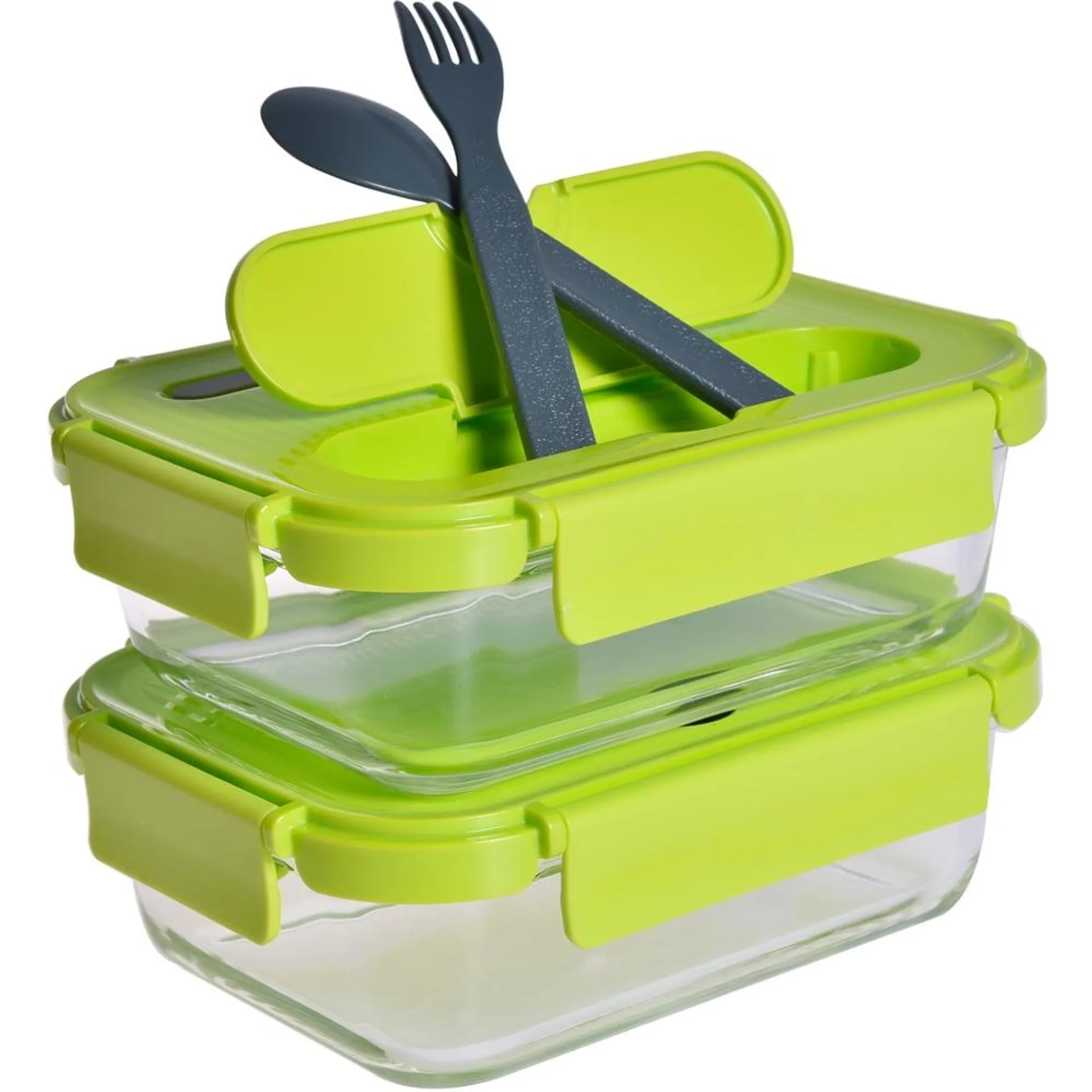 Waterside Set of 2 Glass Food Lunch Container with Cutlery