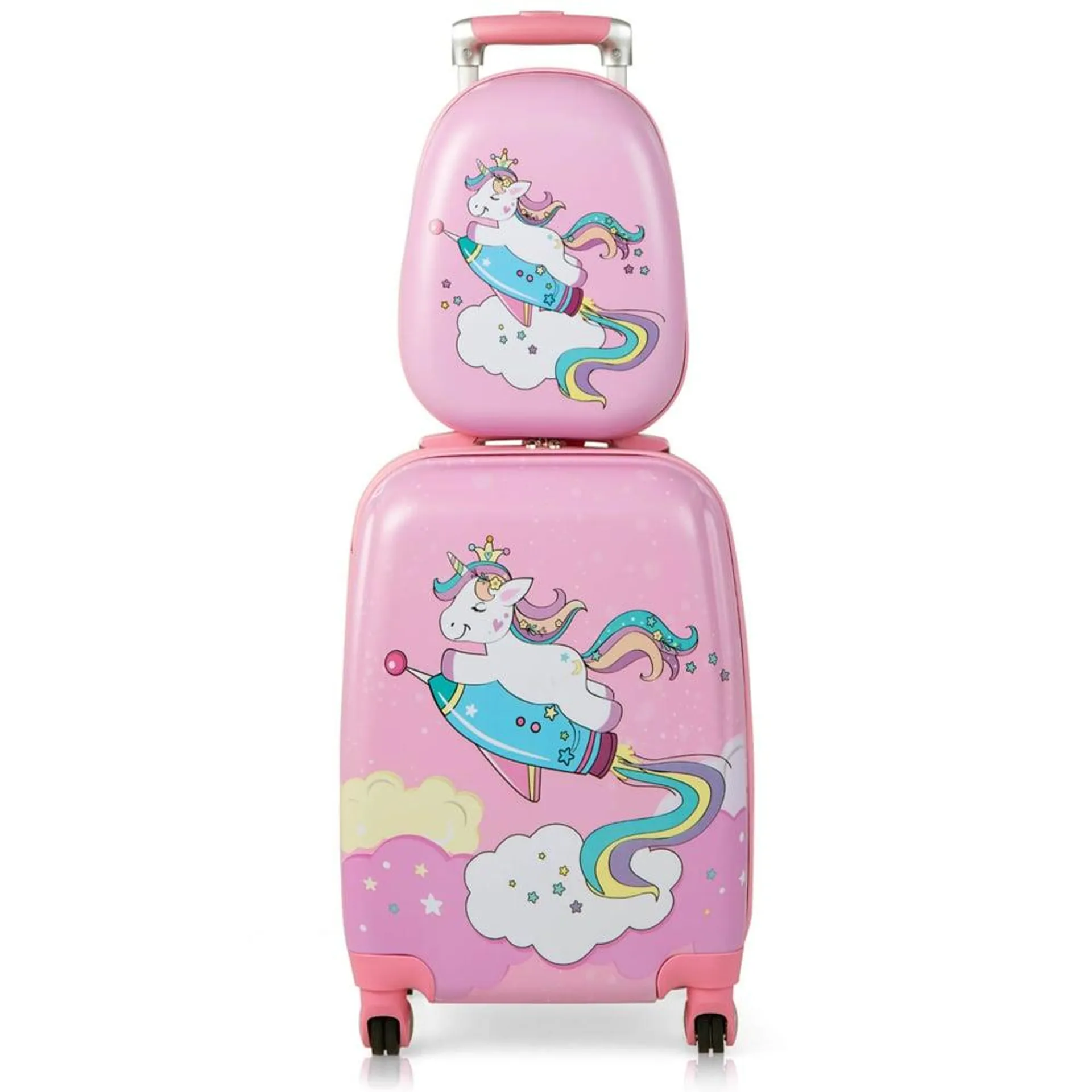 Costway Set of 2 Kids Pink Luggage Set with Spinner Wheels