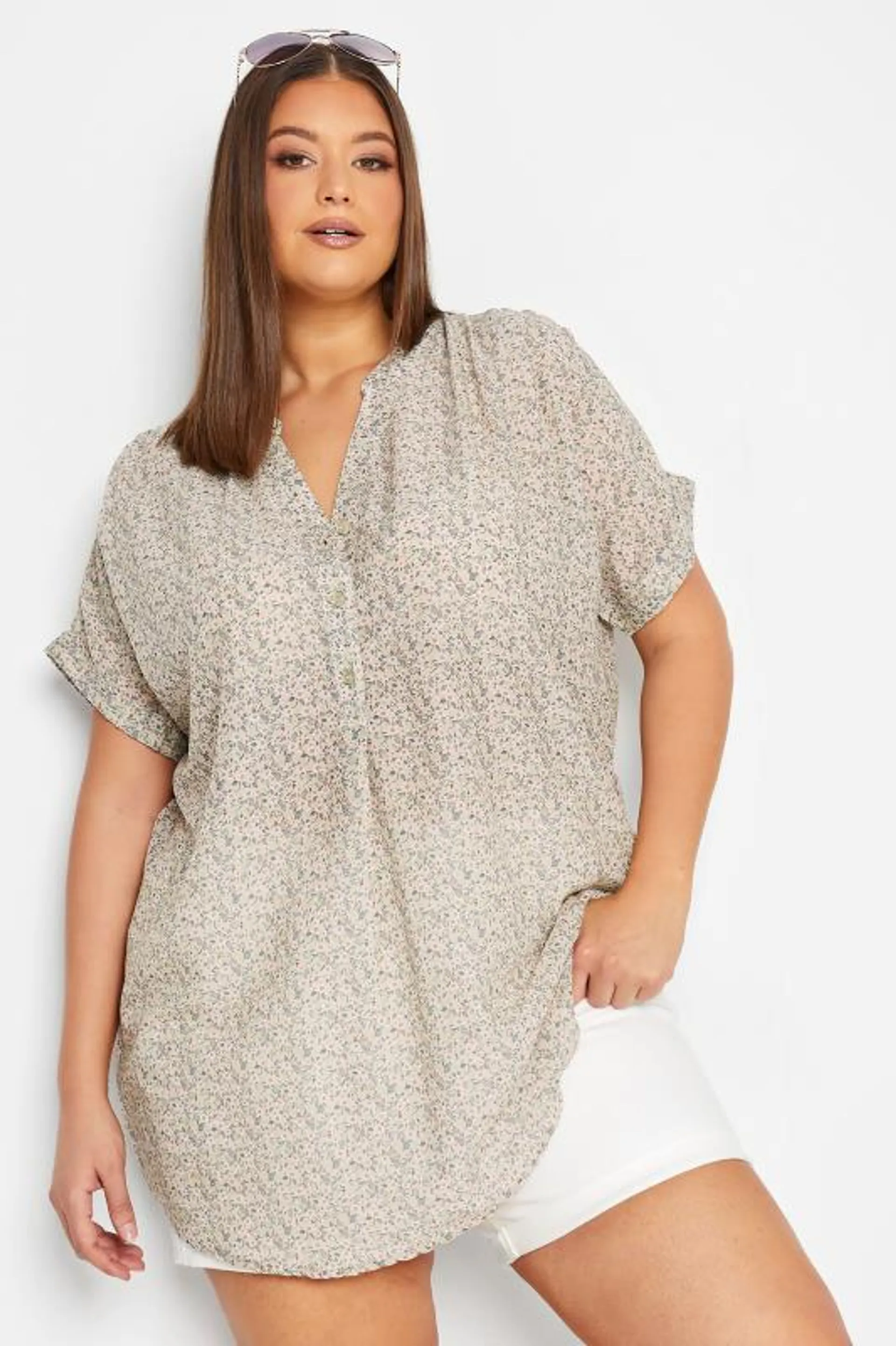 YOURS Curve White Ditsy Print Half Placket Shirt