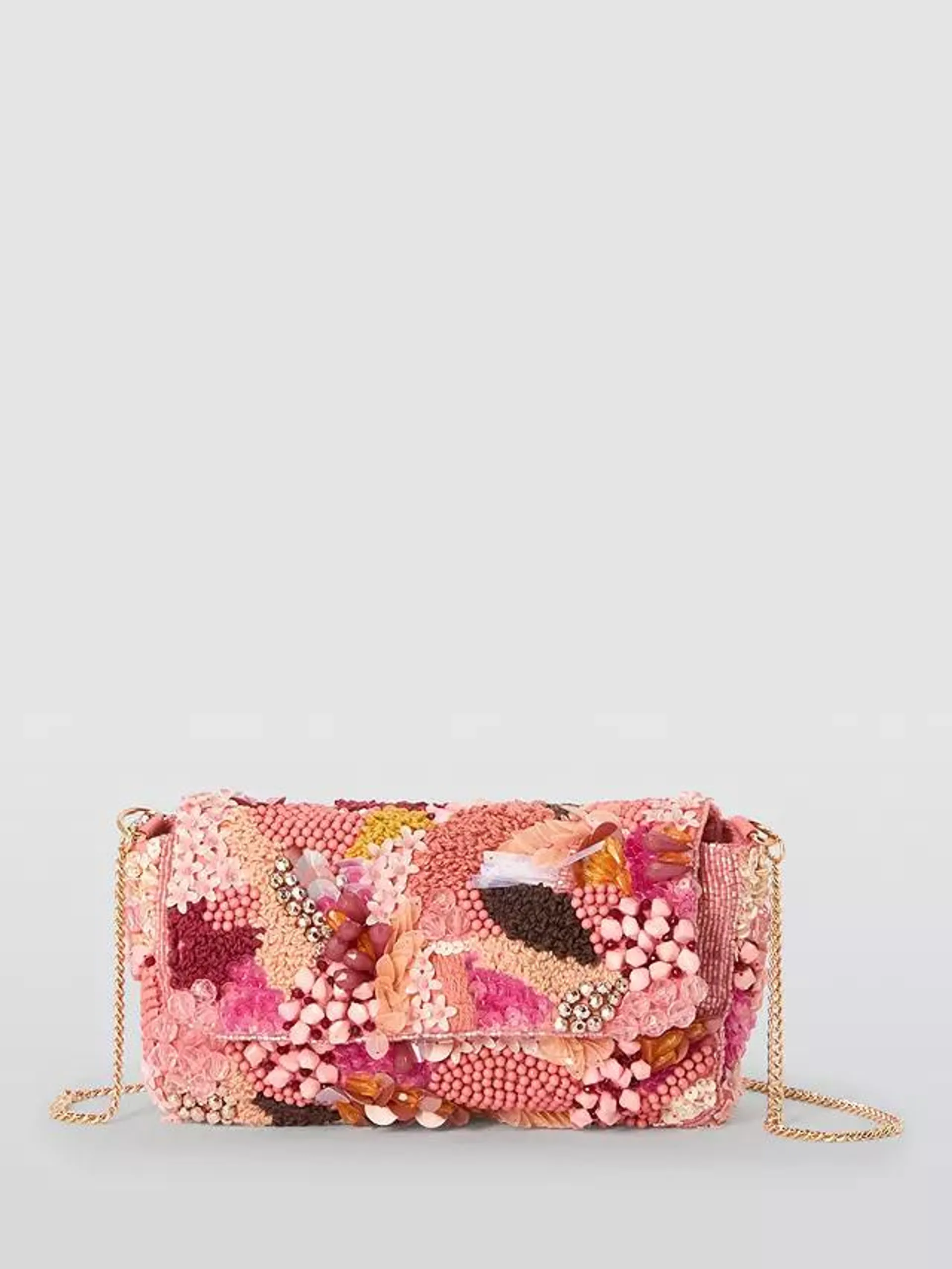 Floral Beaded Flapover Bag, Pink/Multi