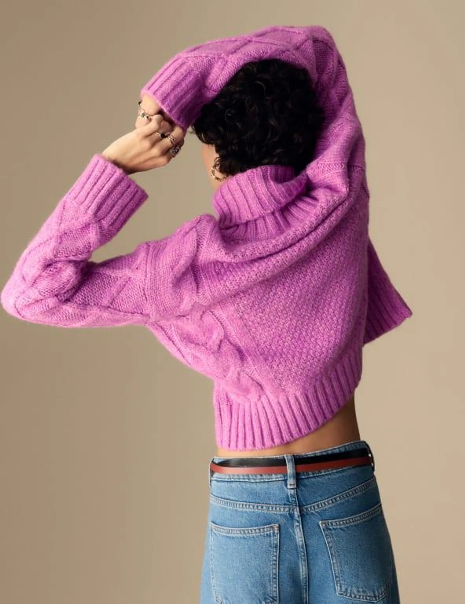 Cable Knit Roll Neck Jumper with Wool