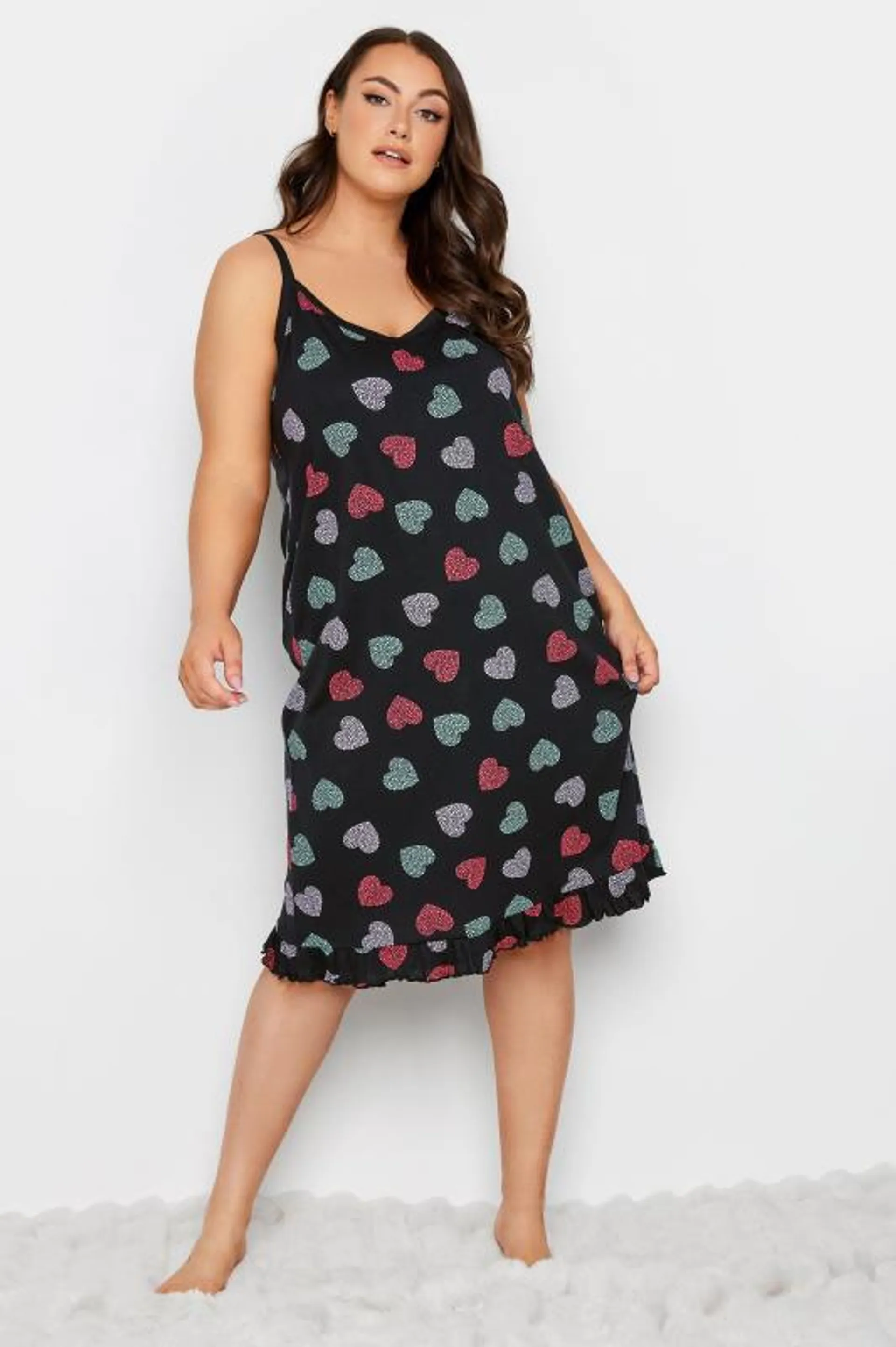 YOURS Curve Black Heart Print Pintuck Chemise Nightdress