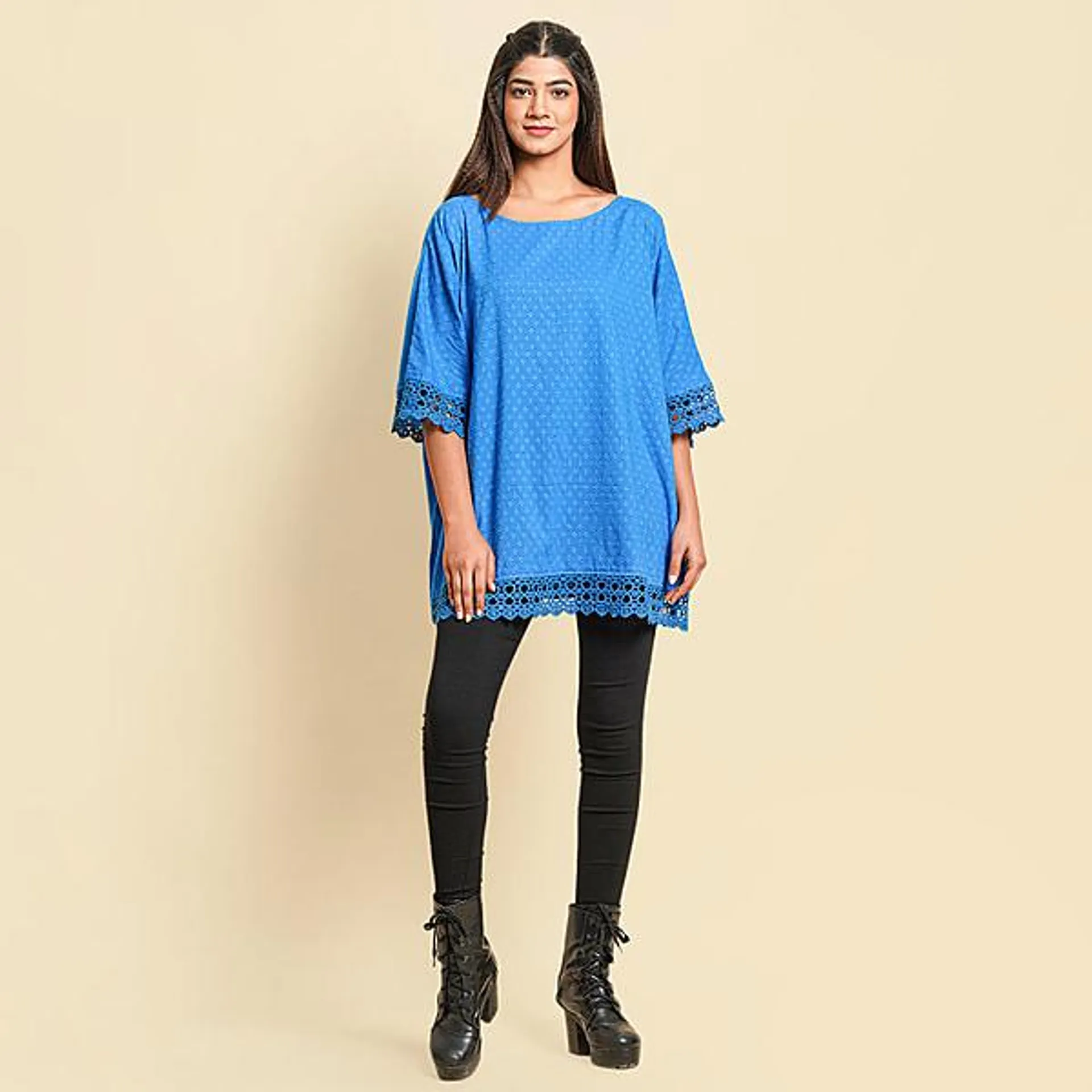 TAMSY Lace Detailing 100% Cotton Women's Top - Blue