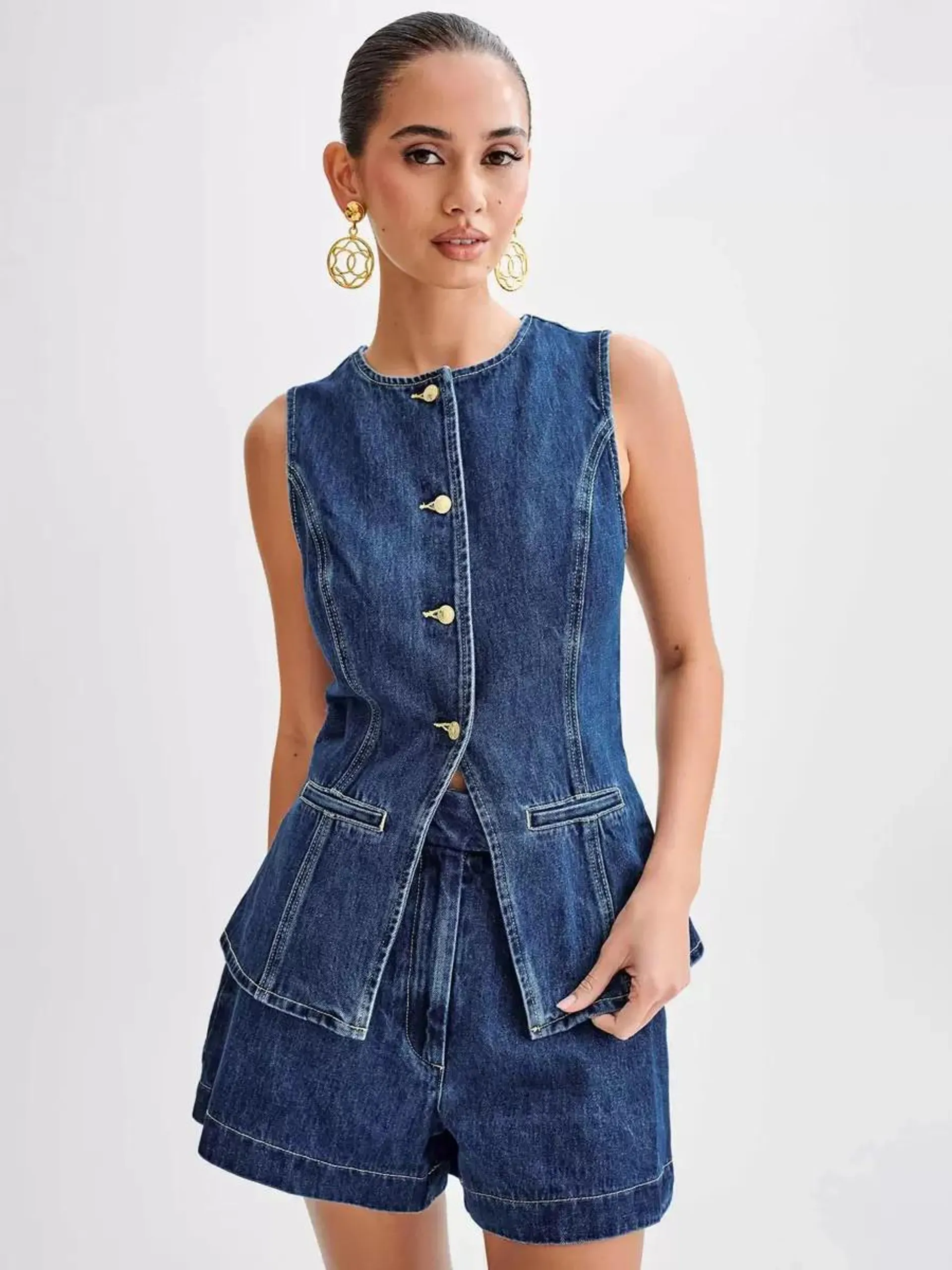 Denim Pant Set Round Neck Sleeveless Slit Summer Casual 2 Pieces Set