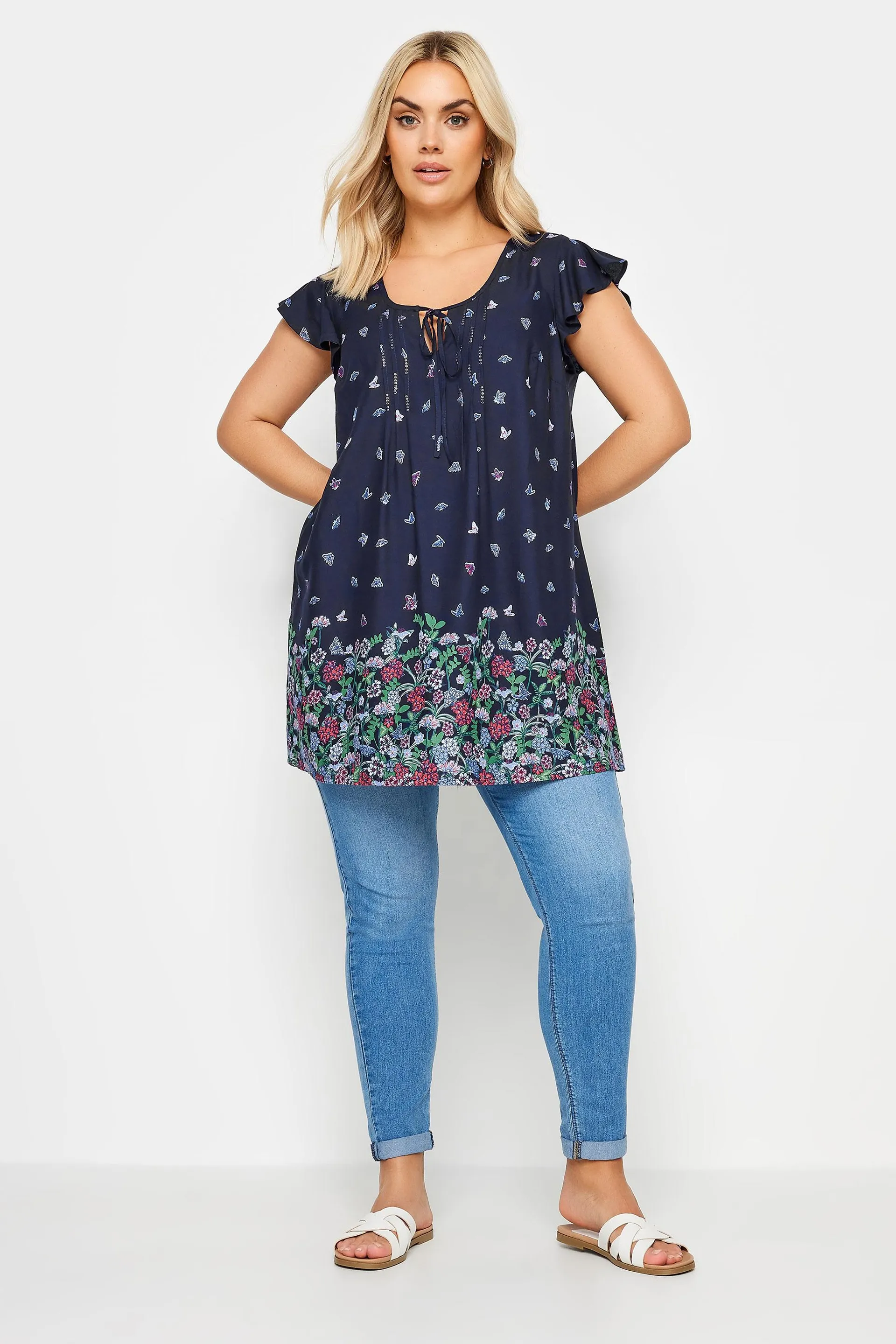 YOURS Curve Navy Blue Floral Butterfly Print Blouse