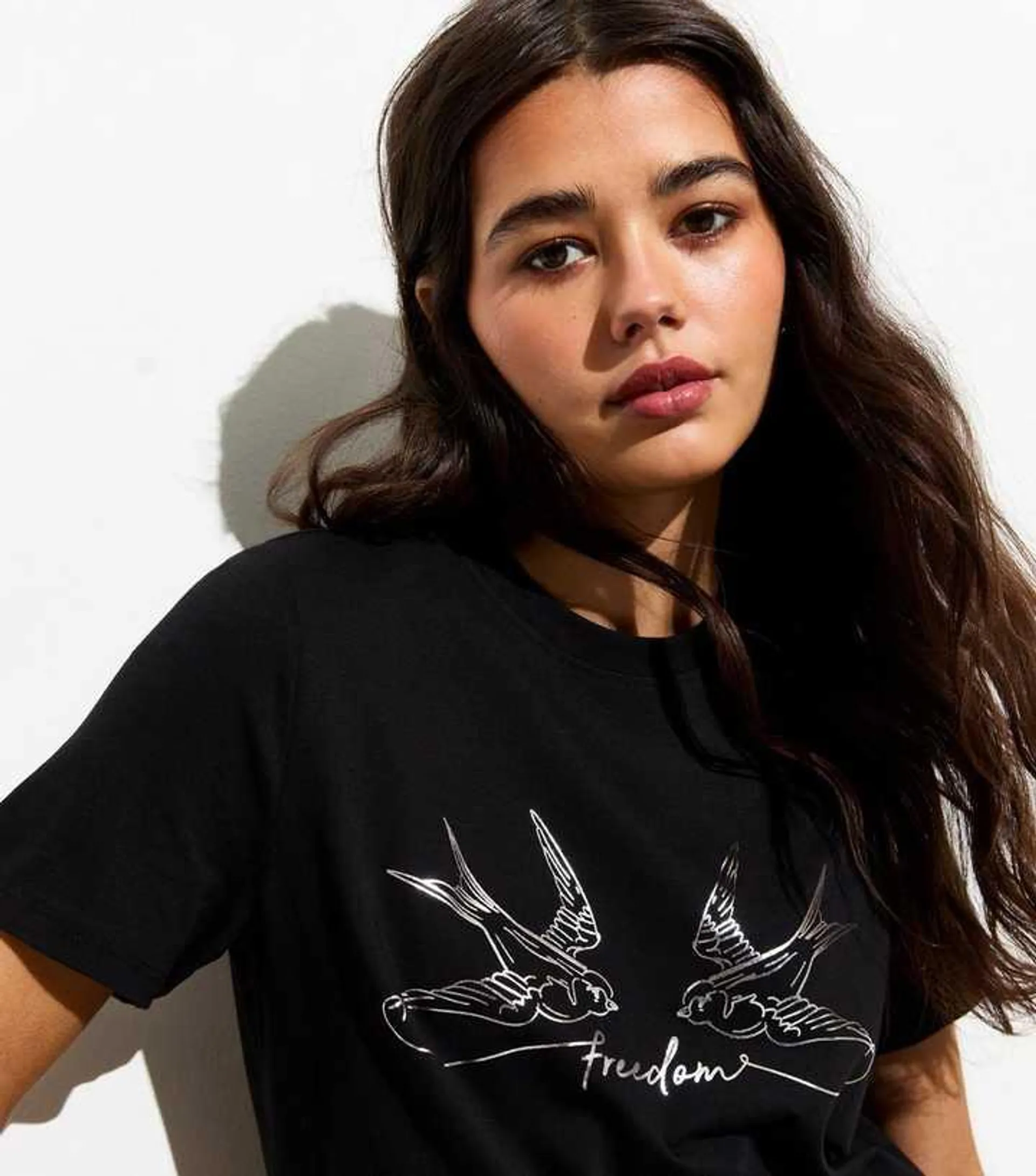 Black Foil Sketch Swallow Print Cotton T-Shirt