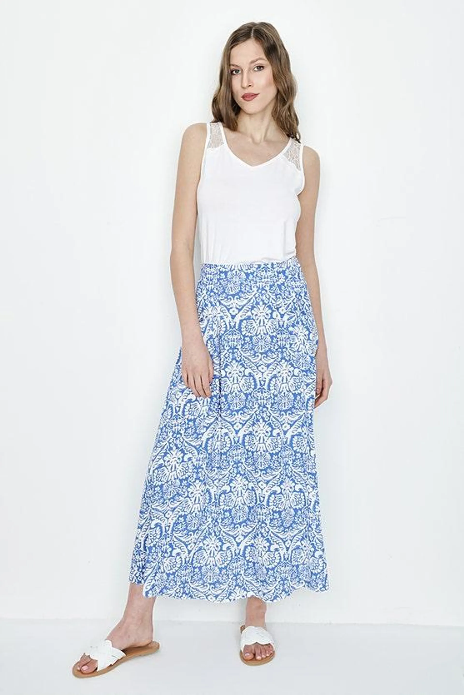 BLUE PAISLEY POCKET DETAIL MIDI SKIRT