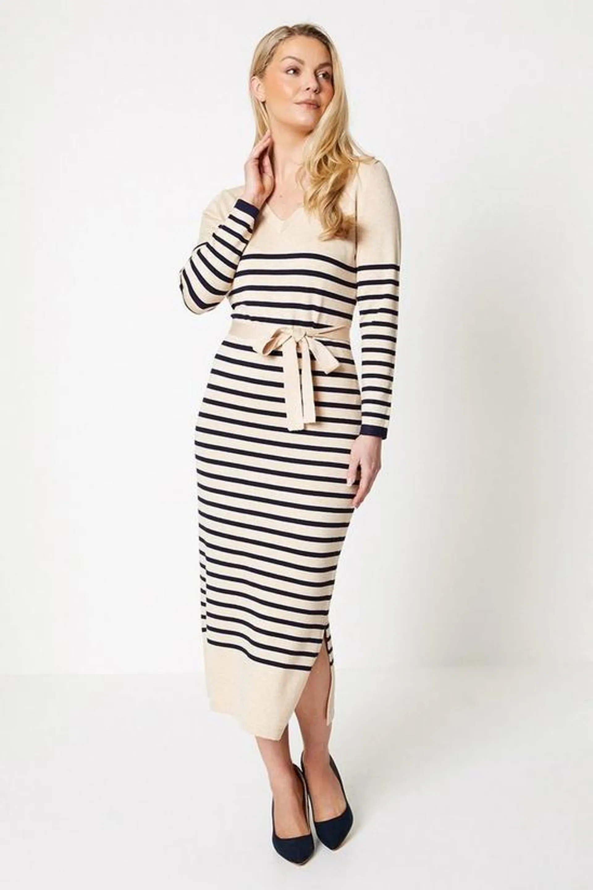 Stripe Belted Knitted Dress