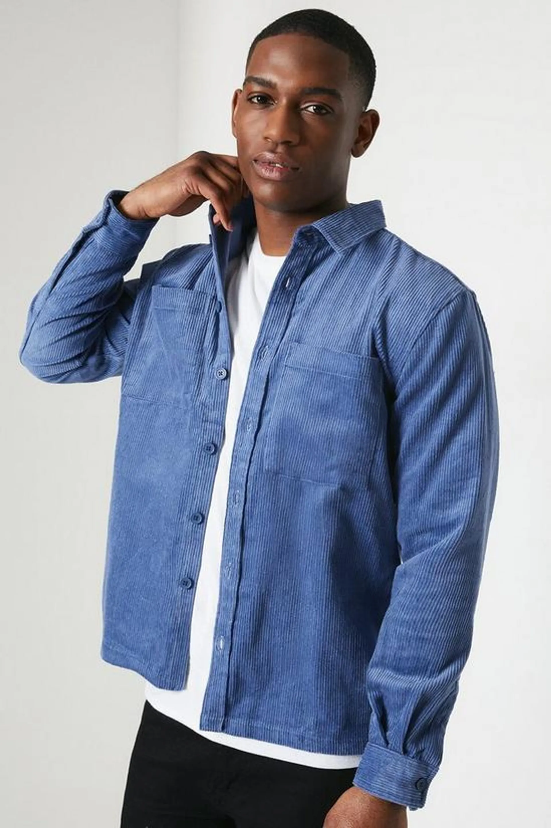 Long Sleeve Mid Blue Corduroy Overshirt