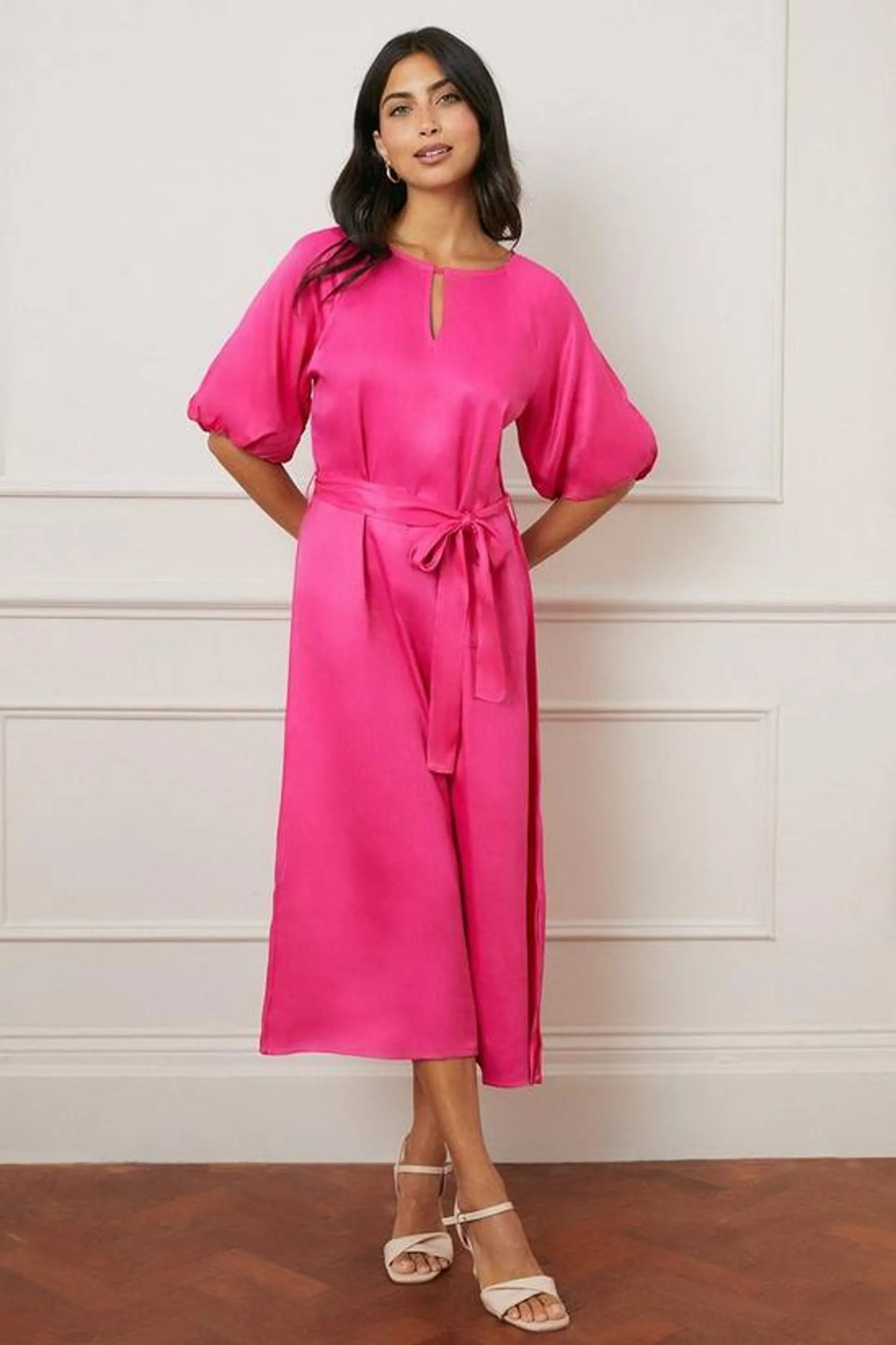 Satin Detail Balloon Sleeve Midi Dress