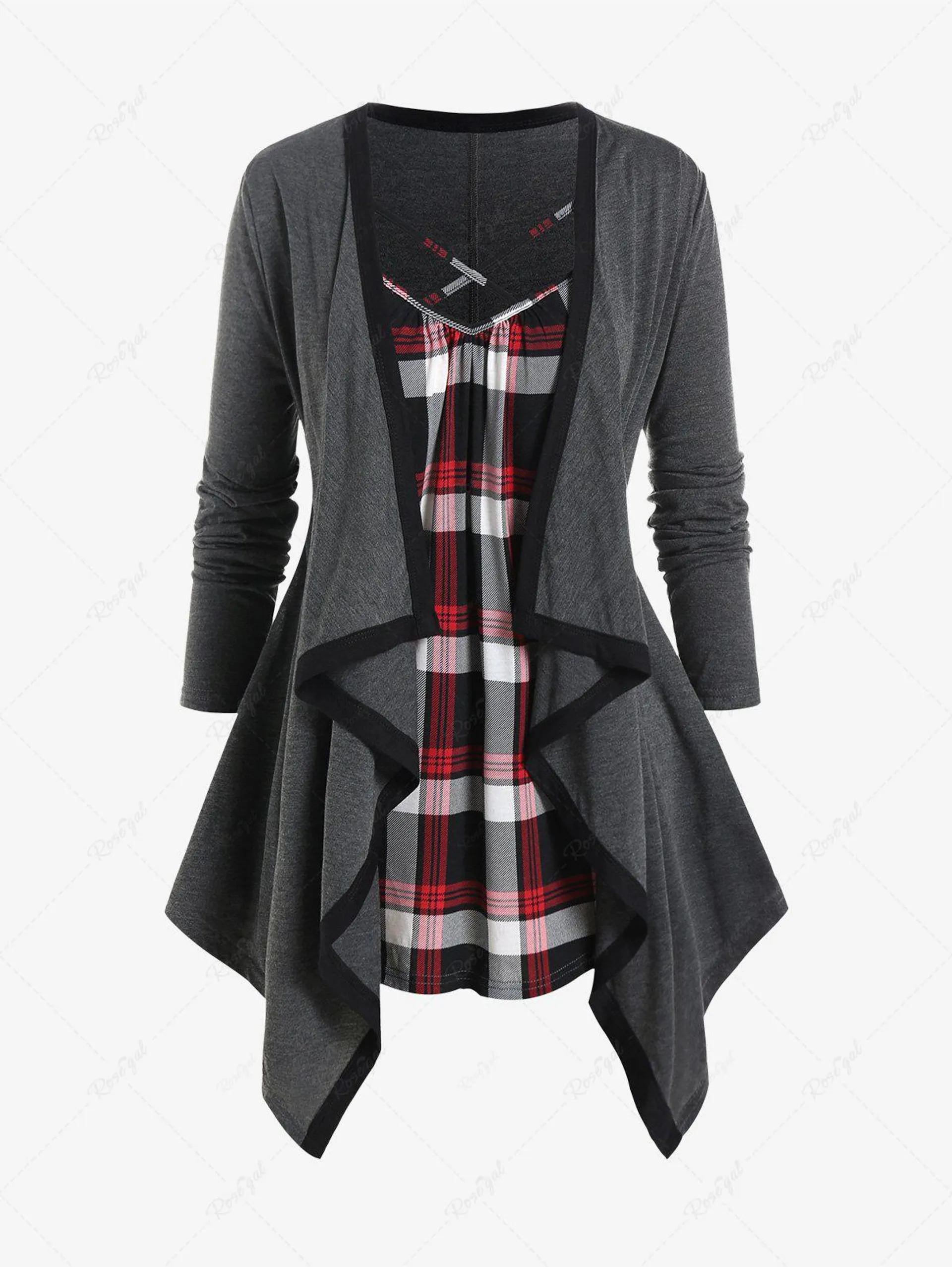 Plus Size Plaid Crisscross Asymmetric Long Sleeves Twofer Tee - 2x | Us 18-20