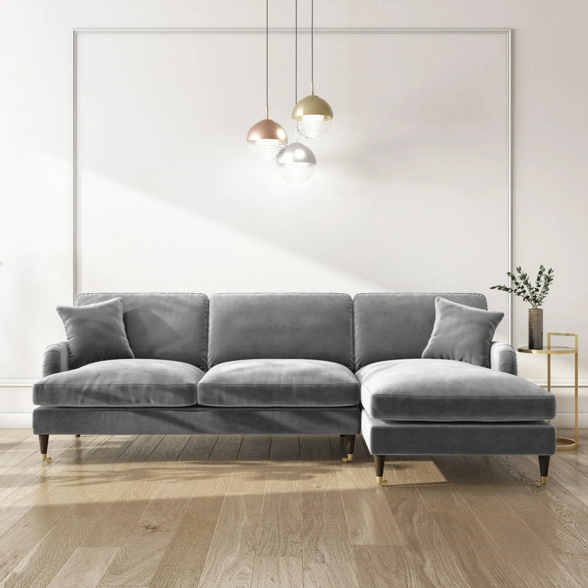 Grey Velvet Right Hand Facing 4 Seater Corner Sofa - Payton