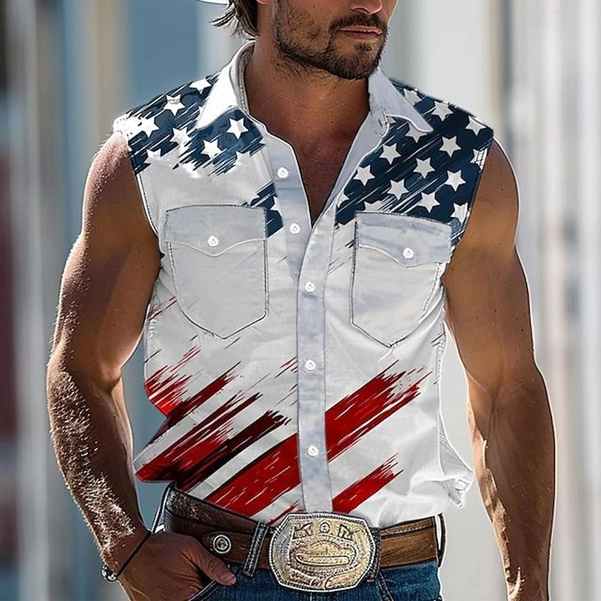 American / USA National Flag western style Men's Shirt Party Outdoor Work Summer Spring Shirt Collar Sleeveless White S, M, L Polyester Shirt