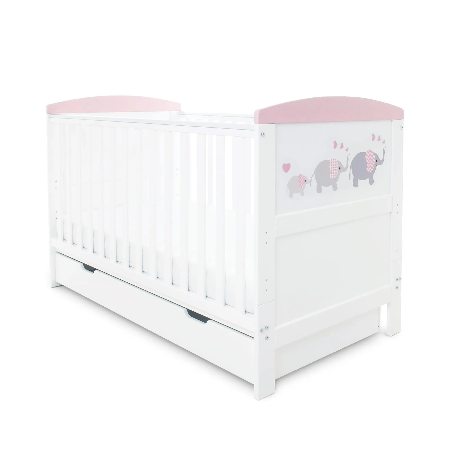 Ickle Bubba Coleby Style Cot Bed with Under Drawer Elephant Love Pink