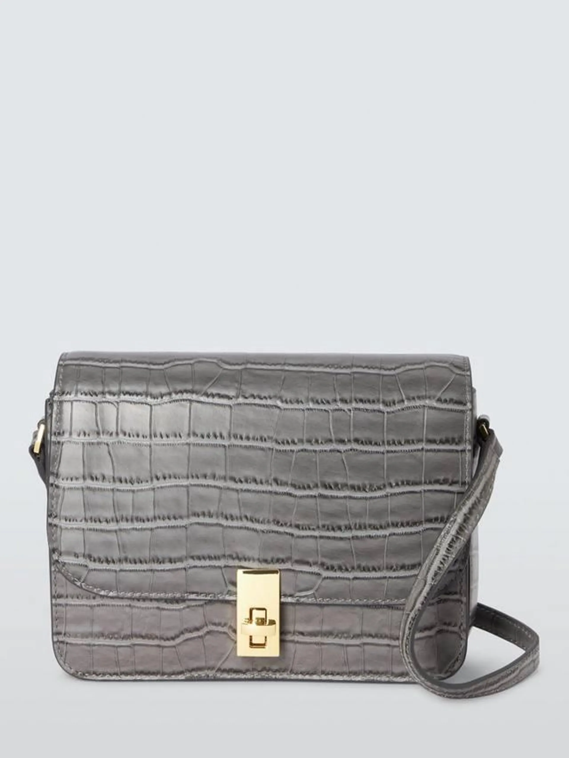 Croc Effect Leather Flapover Satchel, Grey