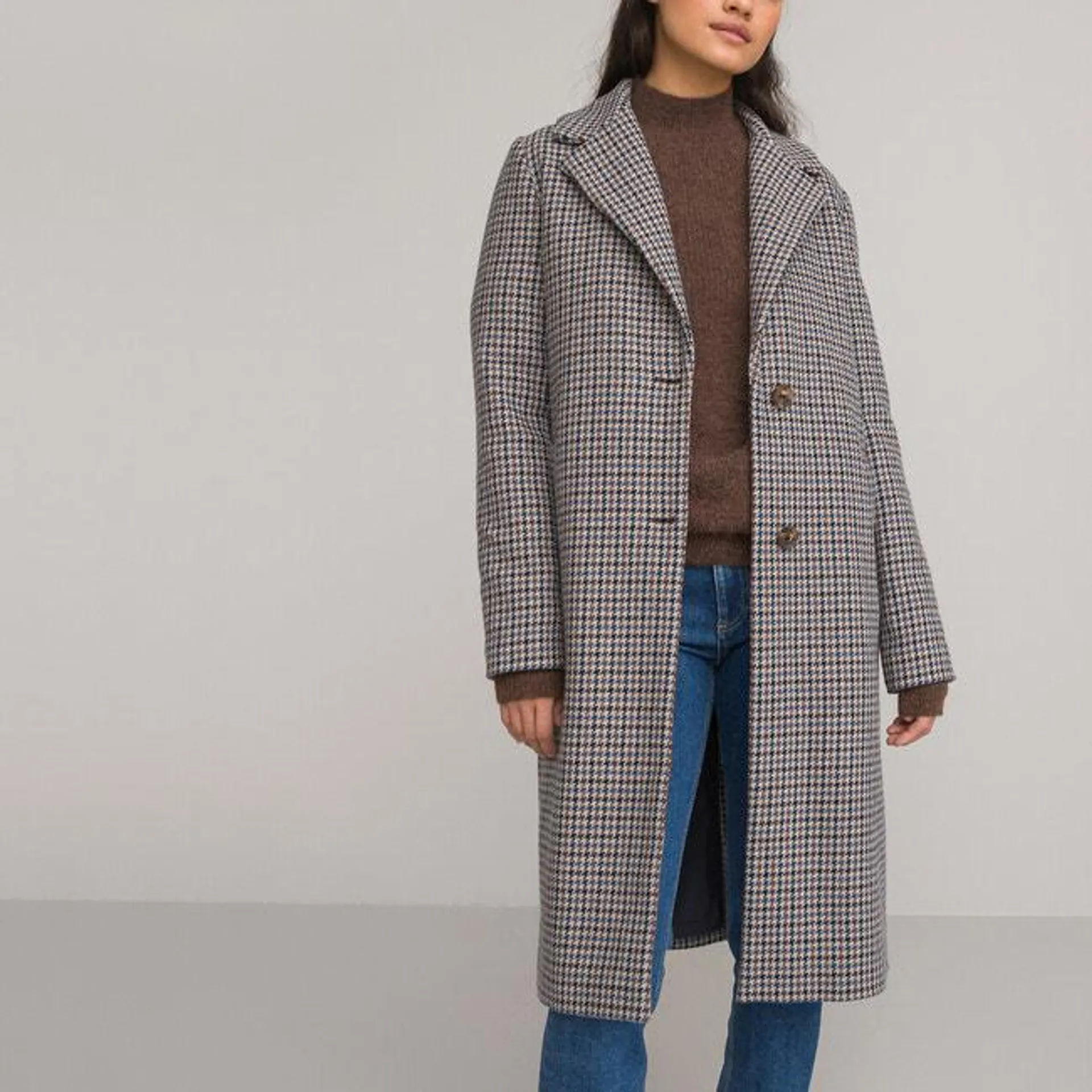 Checked Long Coat in Cotton Mix