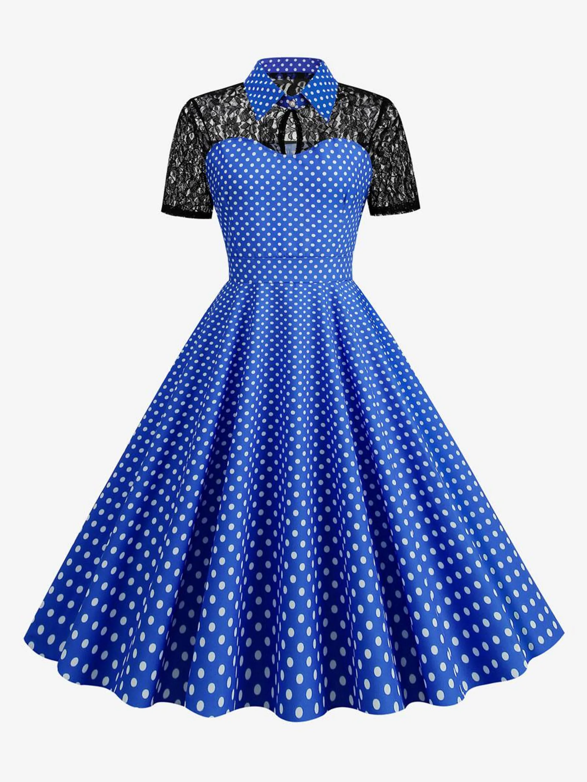 Retro Dress Blue 1950s Audrey Hepburn Style Polka Dot Layered Cut Out Short Sleeves Turndown Collar Medium Rockabilly Dress