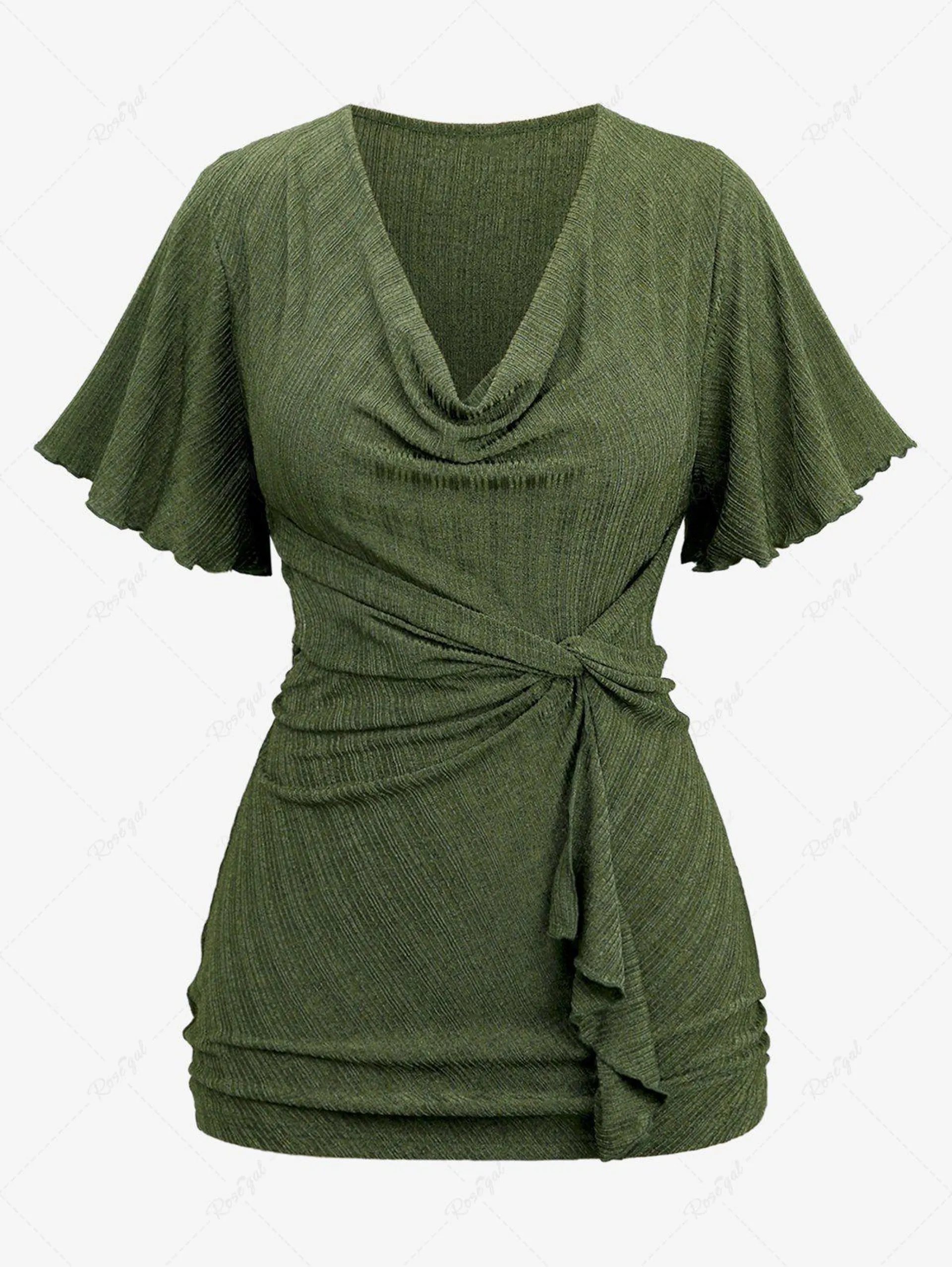 Plus Size Twist Ruffles Ruched Ribbed Textured Cowl Neck Top - 3x | Us 22-24