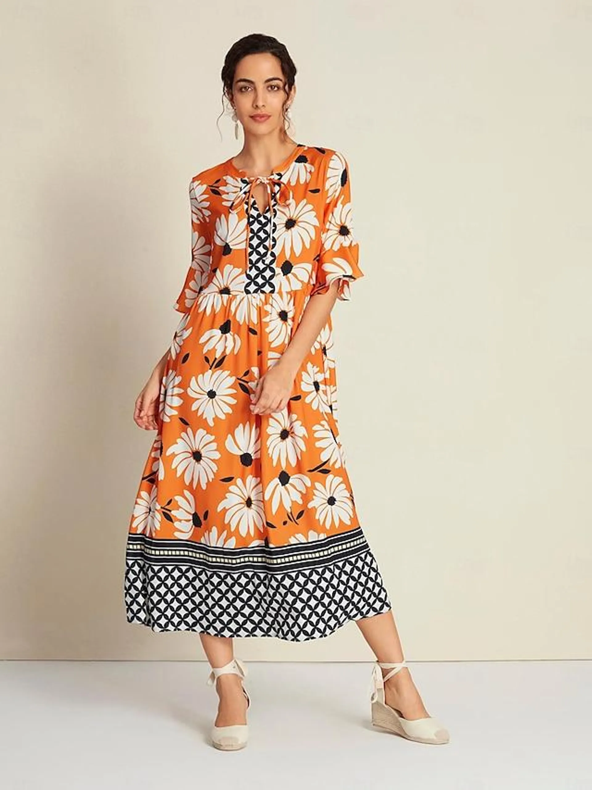 Dames Ruimvallend Swingjurk Jurk met print Maxi-jurk Oranje 3/4 mouw Geometrisch Bloemenprint Opdrukken Lente zomer Opstaande boord V-hals Bohemen Vakantie Casual / Dagelijks XS S M