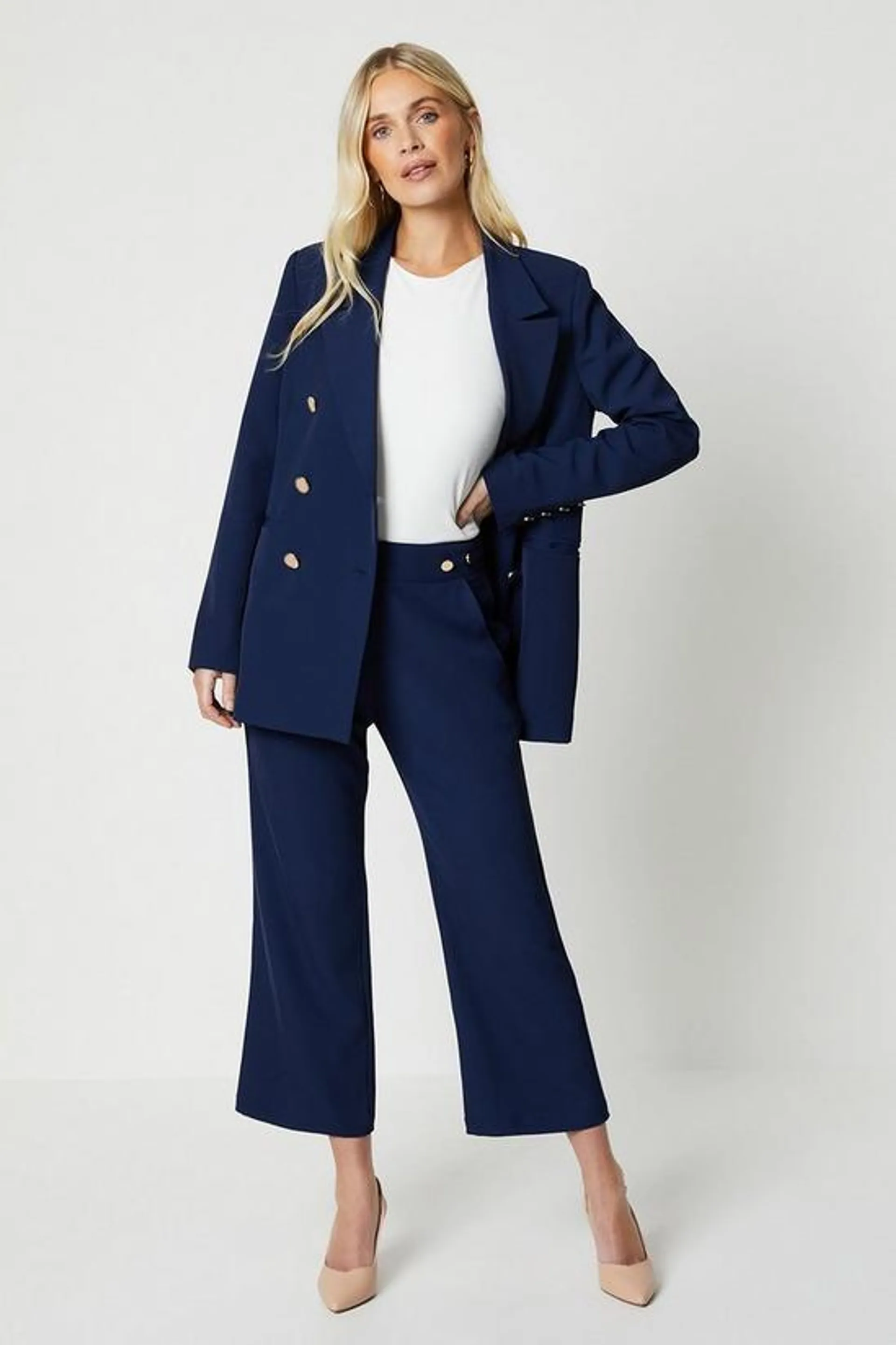 Petite Premium Button Detail Wide Leg Trouser