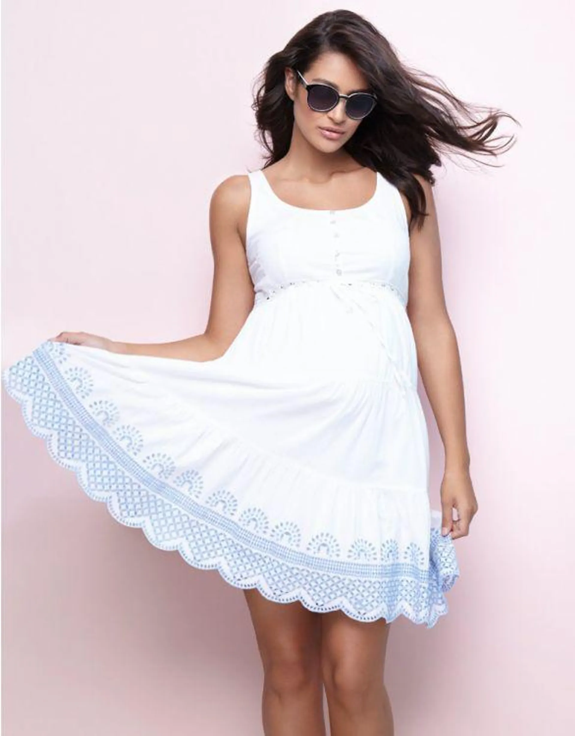 White Cotton Embroidered Maternity Sundress