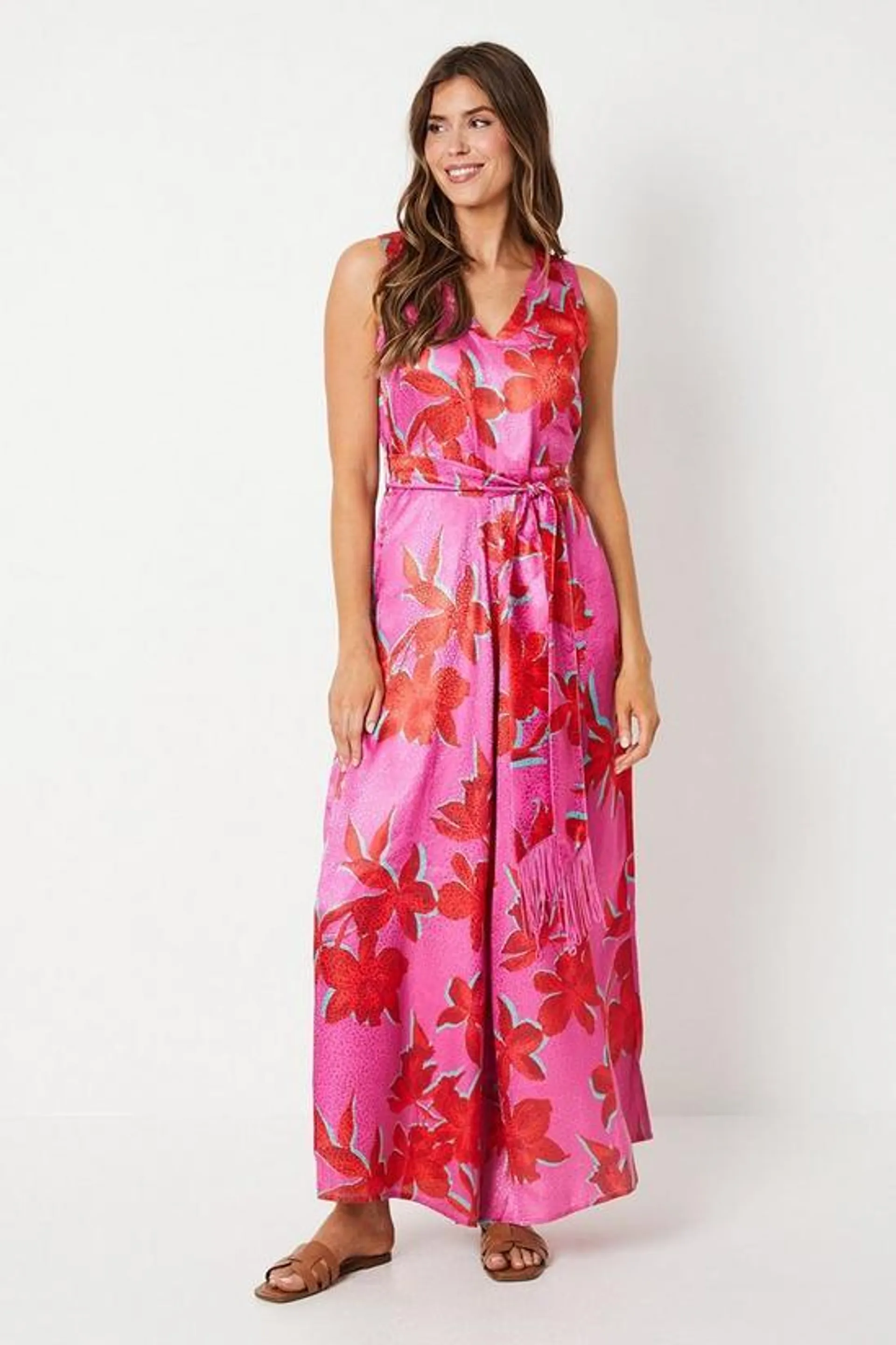 Floral Satin Jacquard Sleeveless Jumpsuit