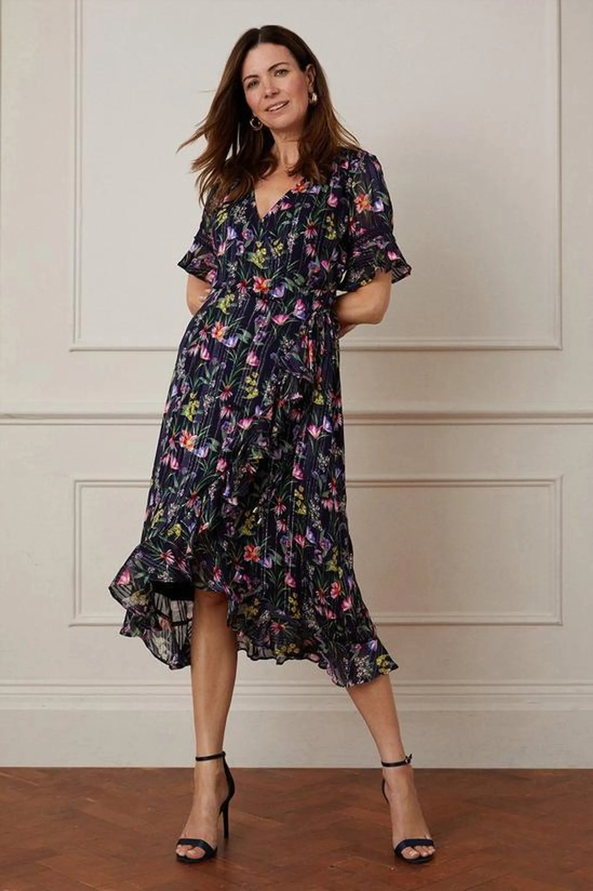 Floral Glitter Stripe Ruffle Wrap Midi Dress