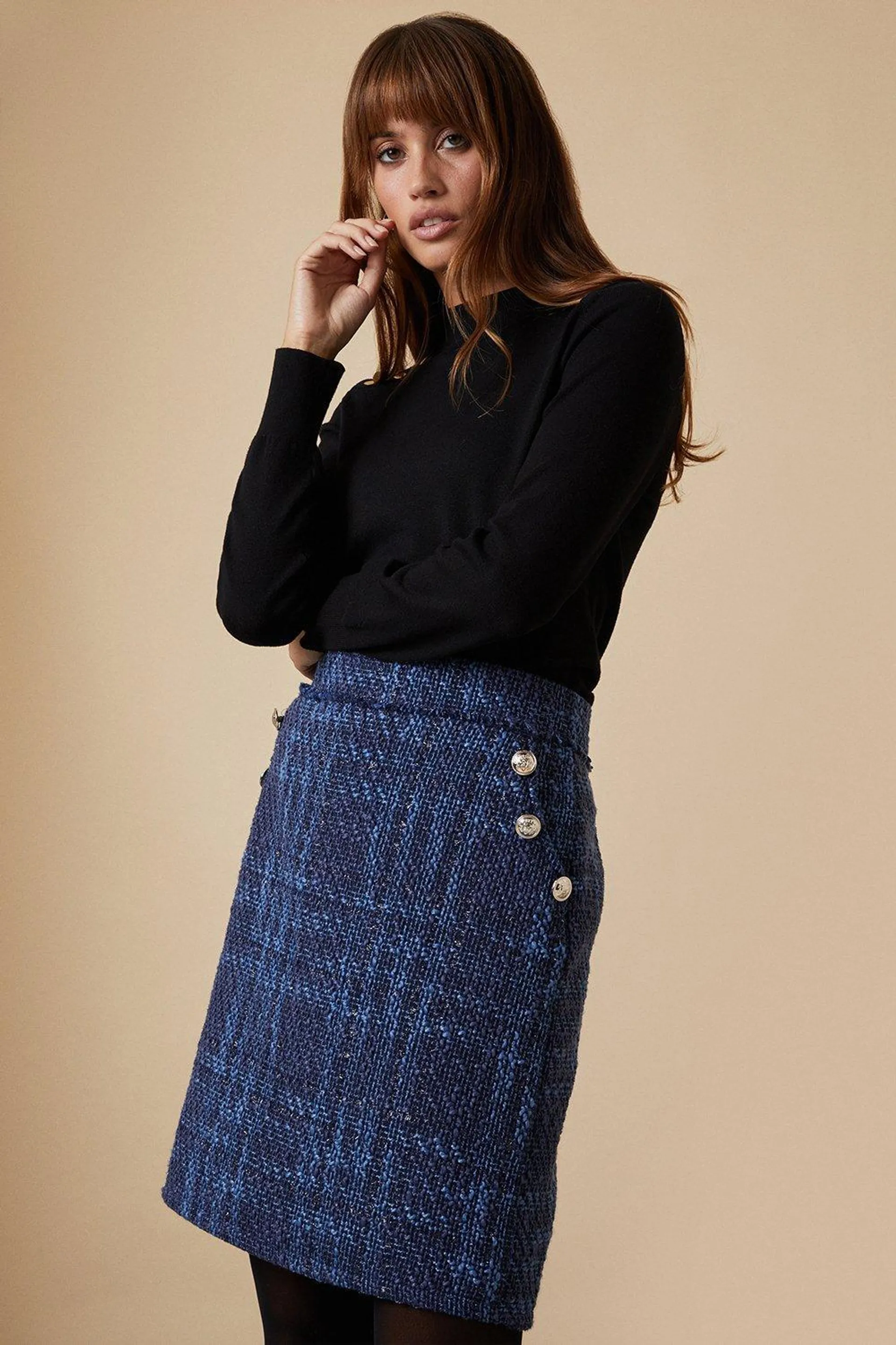 Tall Blue and Black Check Boucle Skirt