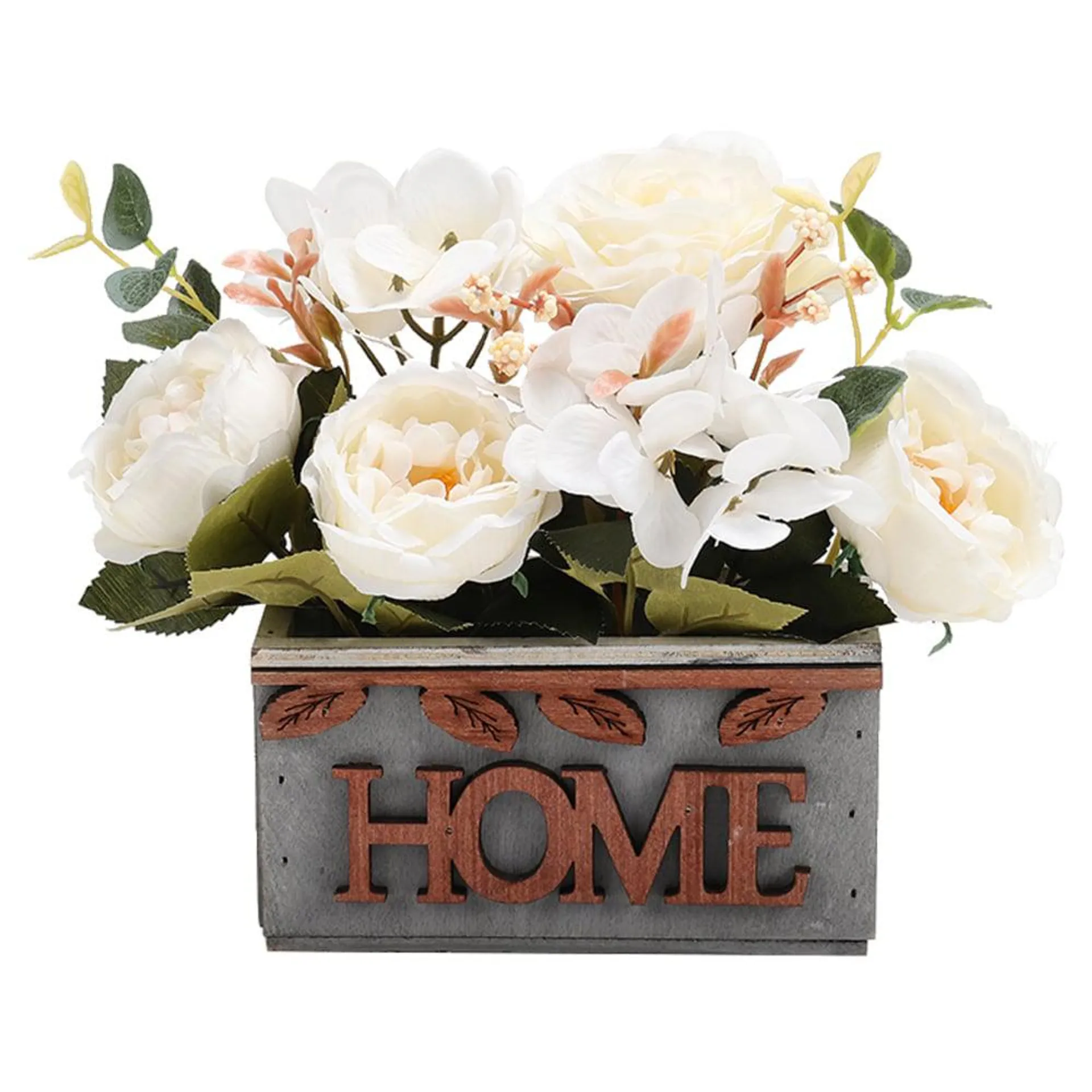 Living And Home SW0244 White Wooden Planter Artificial Plant 15cm