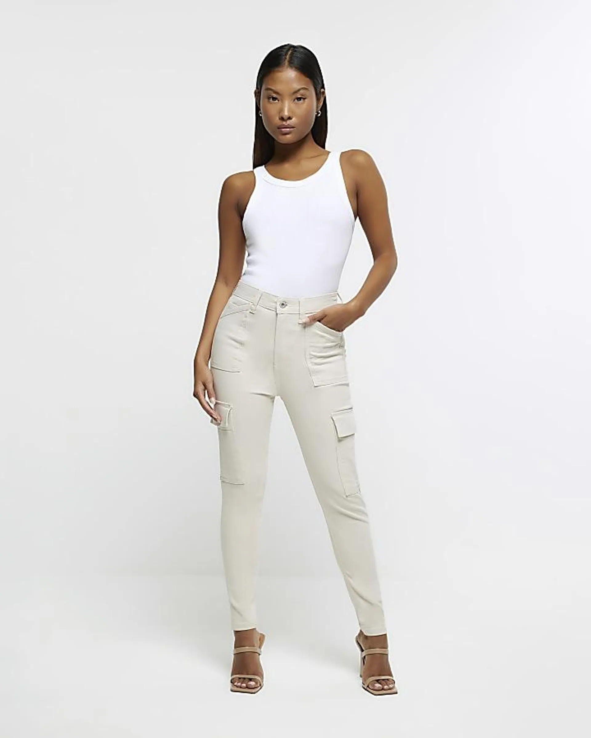 Petite beige high waisted skinny cargo jeans