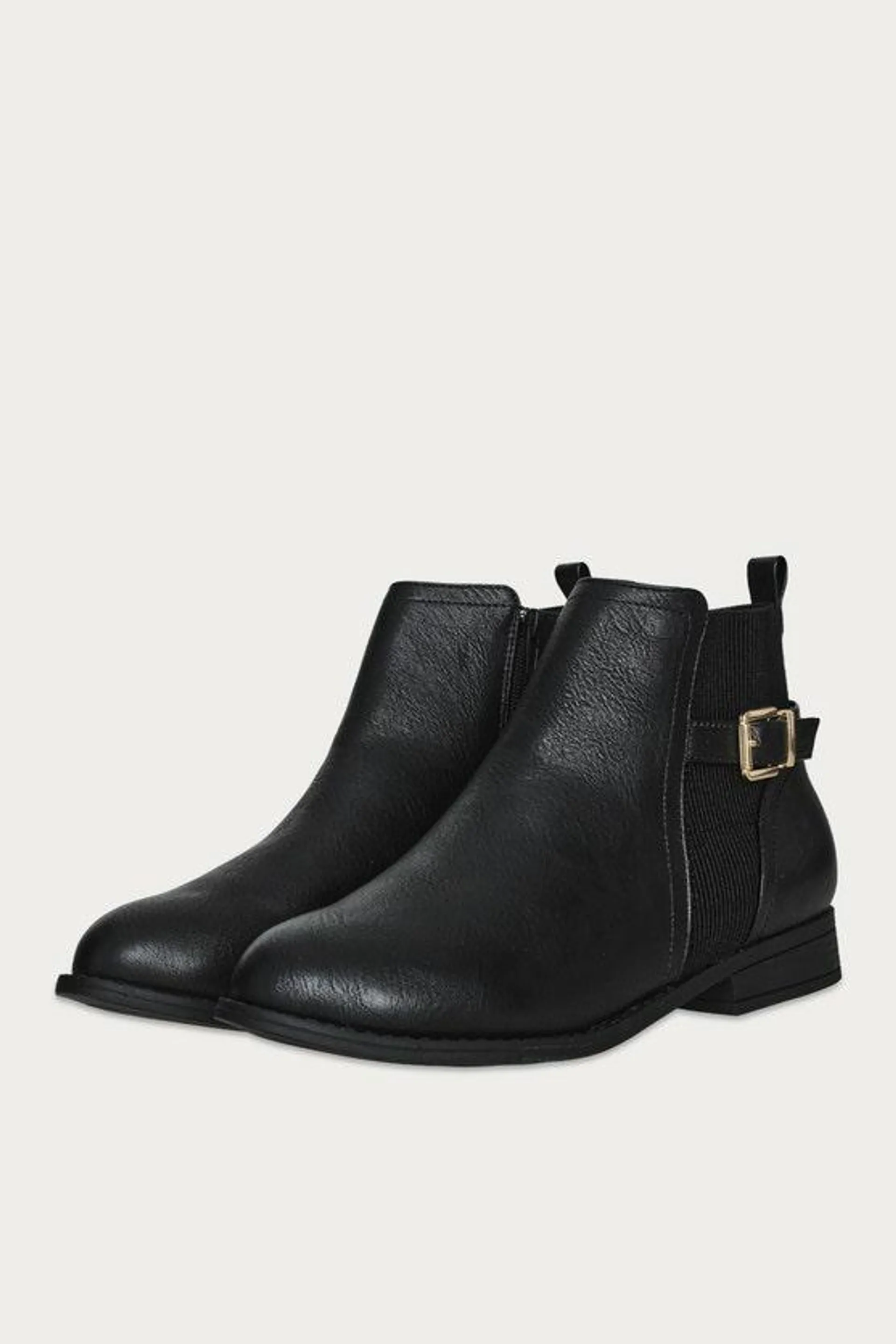 Black Wide Fit Buckle Side Flat Ankle Boots