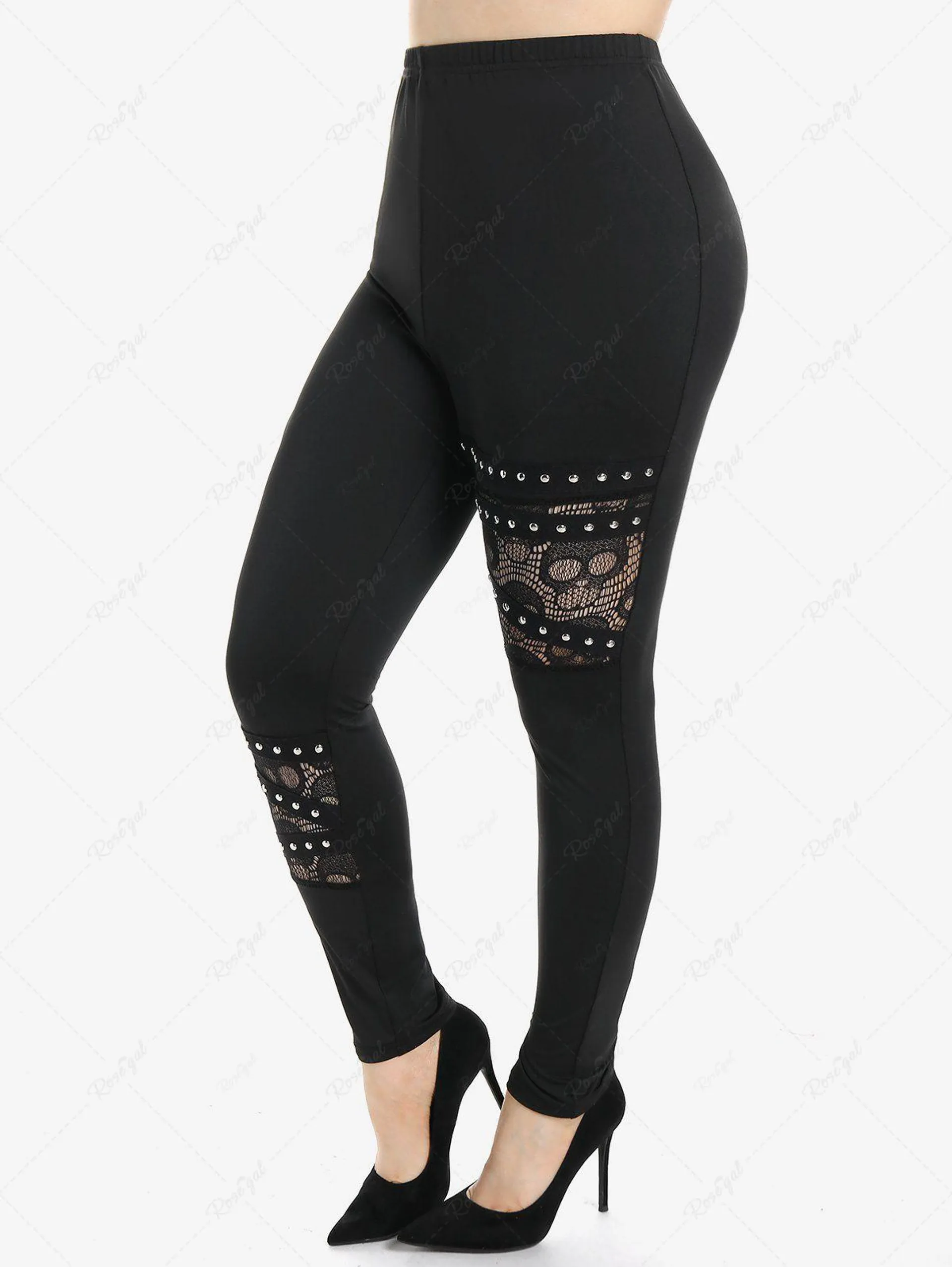 Gothic High Waist Skull Lace Panel Studded Pants - 4x | Us 26-28