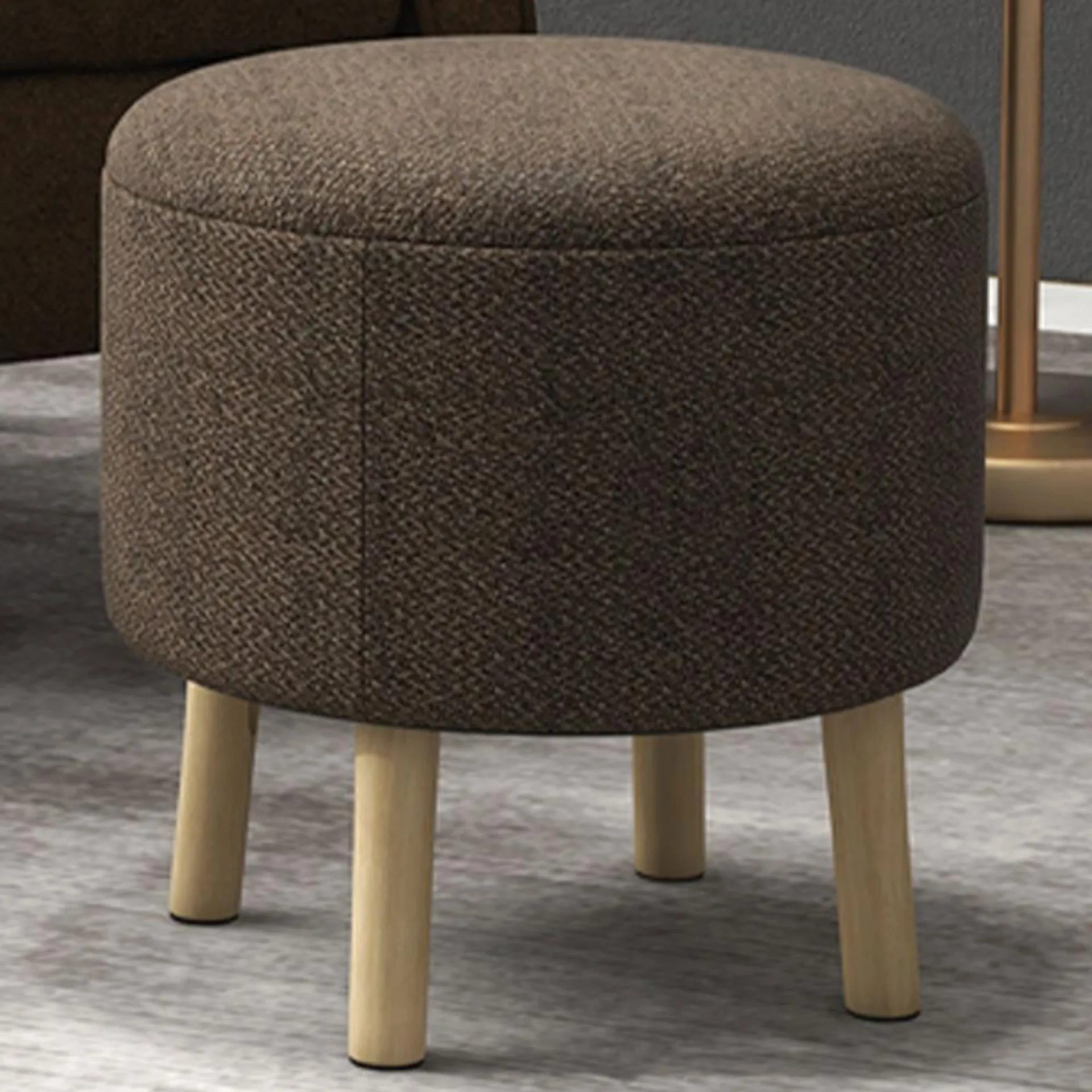 Portland Brown Round Linen Upholstered Ottoman Stool with Storage