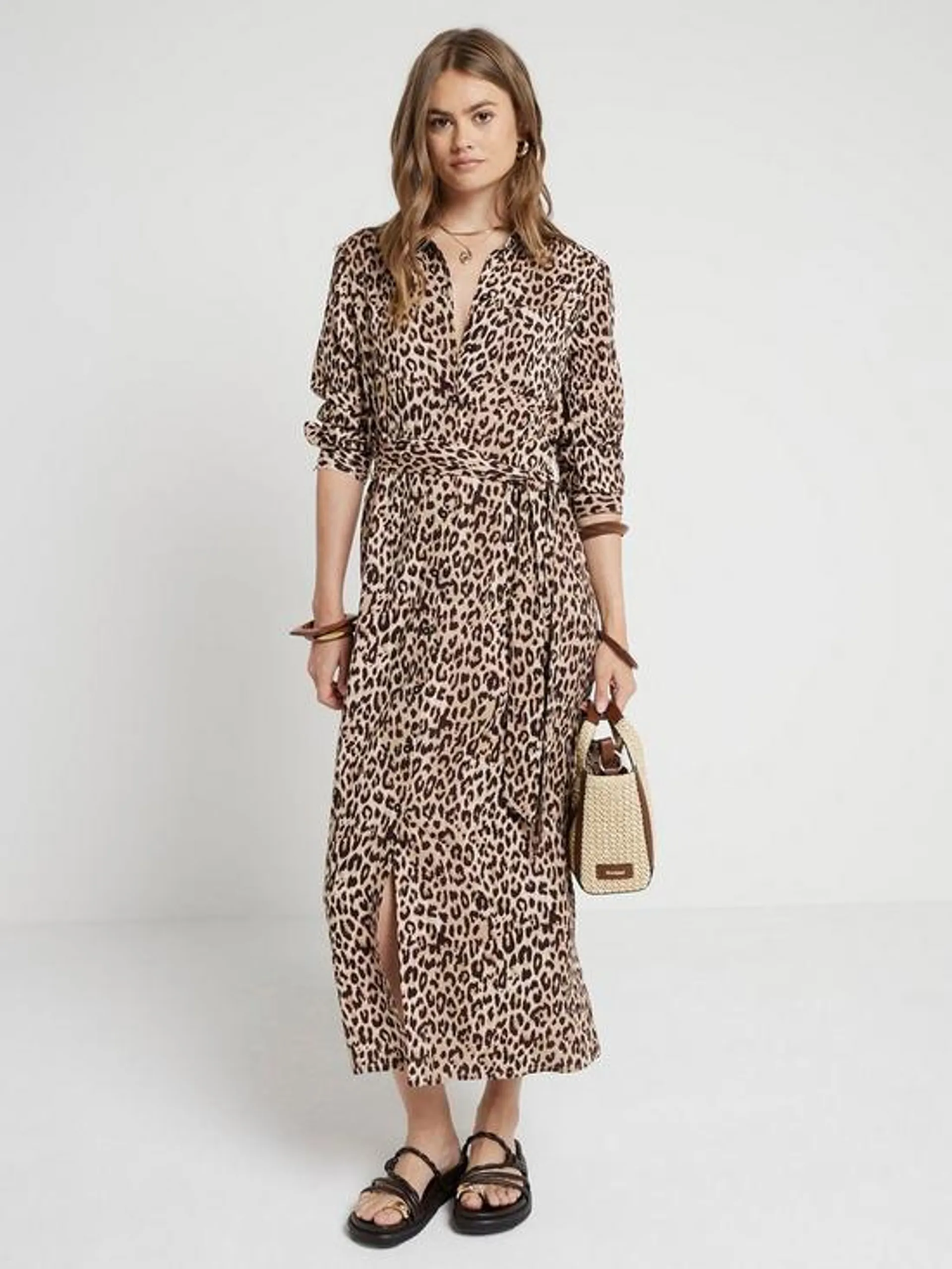 Animal Print Midi Dress - Light Beige