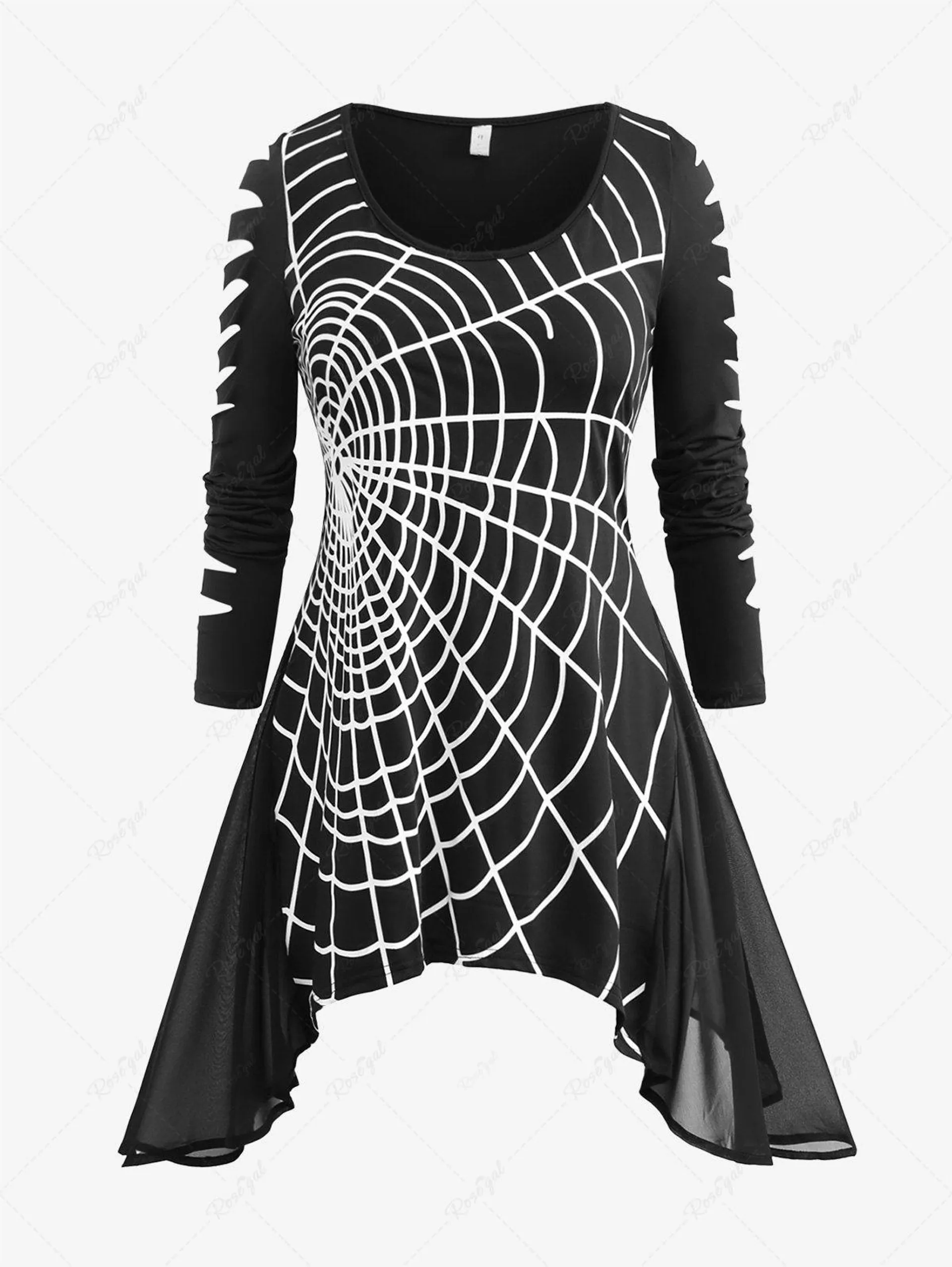 Plus Size Spider Web Printed Hollow Out Ripped Sleeves Asymmetrical T-shirt - 3x | Us 22-24