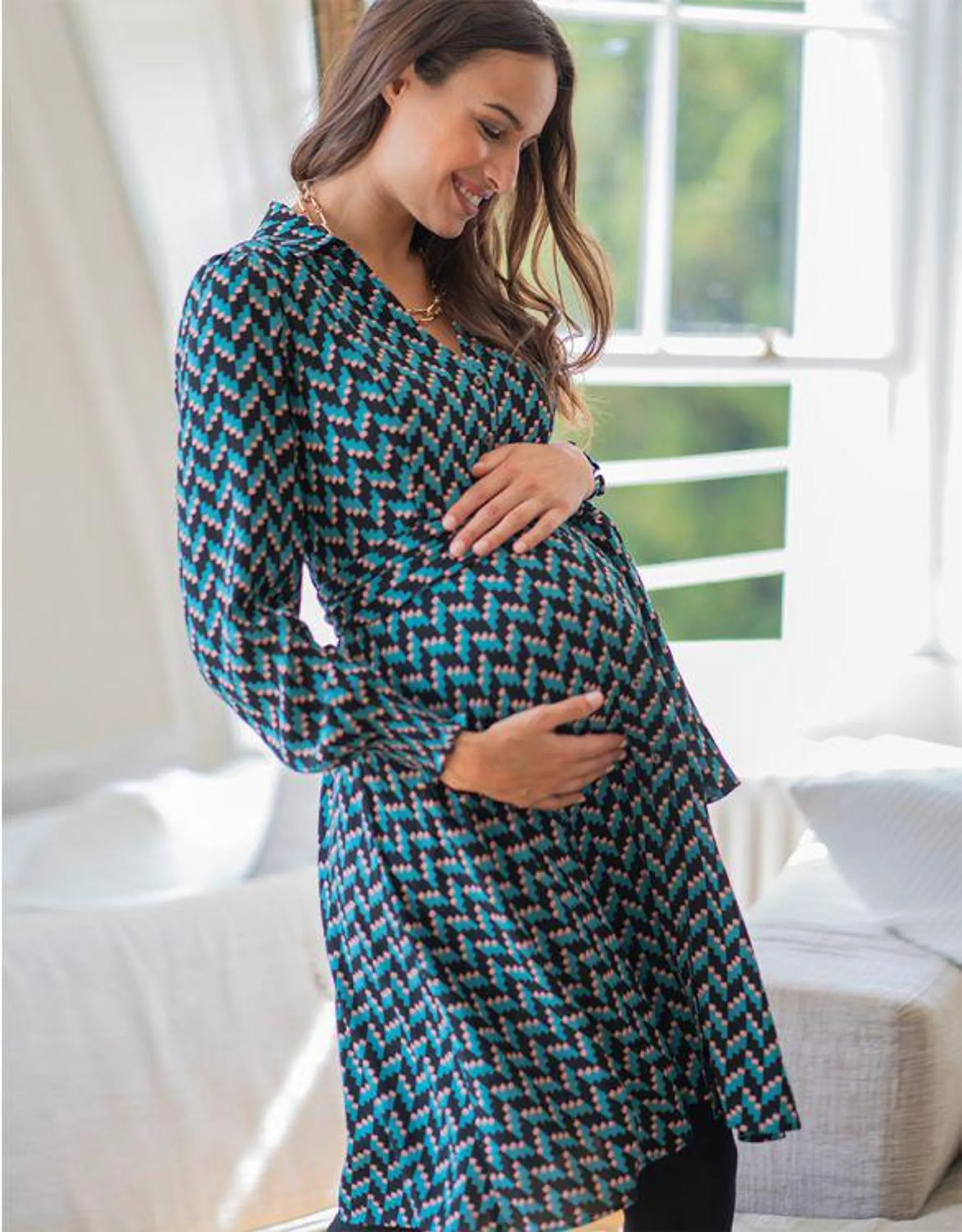 Teal Maternity & Nursing Shirt Dress